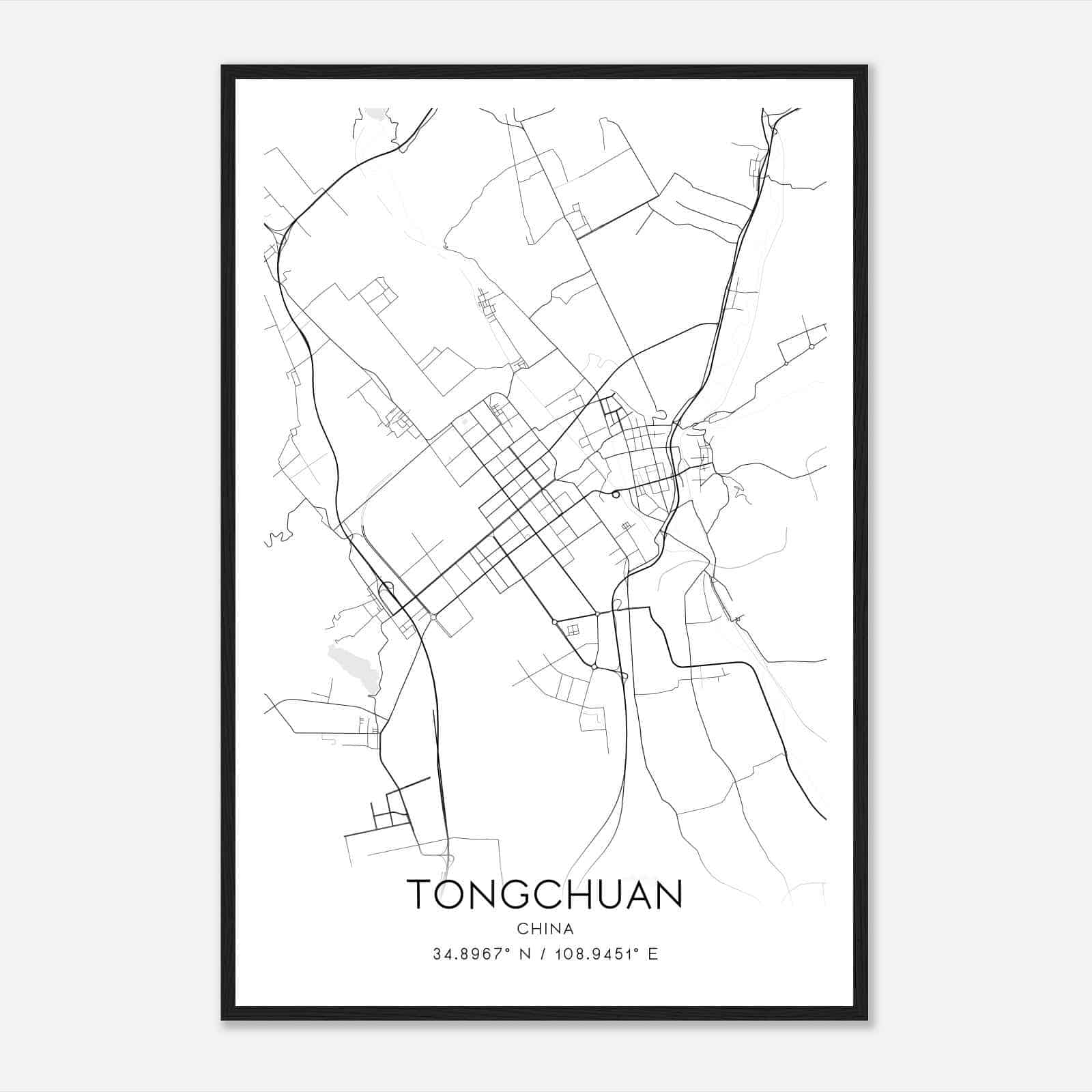 Tongchuan China Map Poster, Tongchuan City Road Wall Art Print