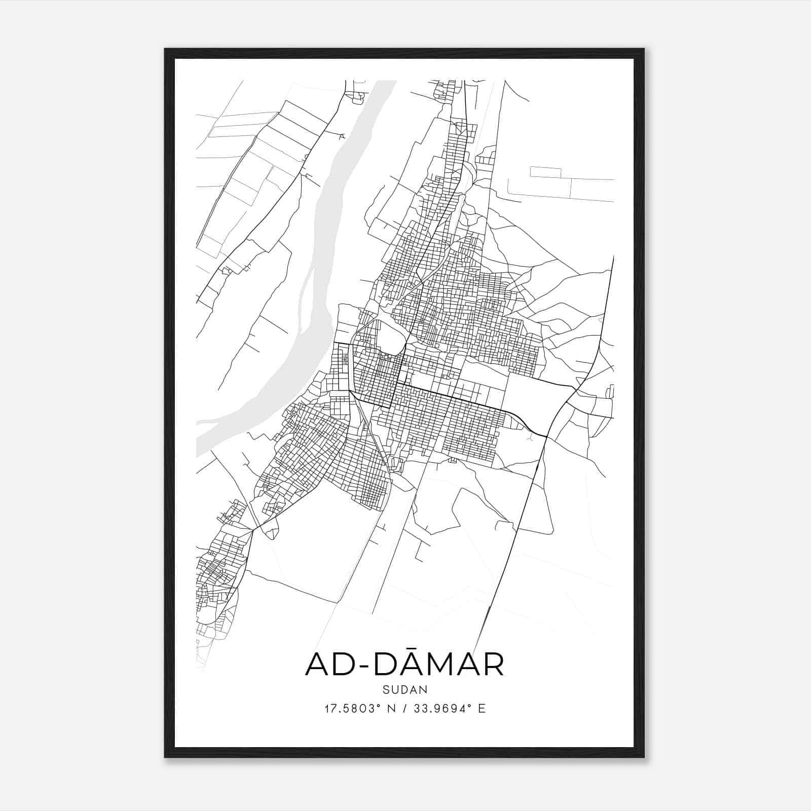AdDamar Sudan Map Poster, AdDamar City Road Wall Art Print