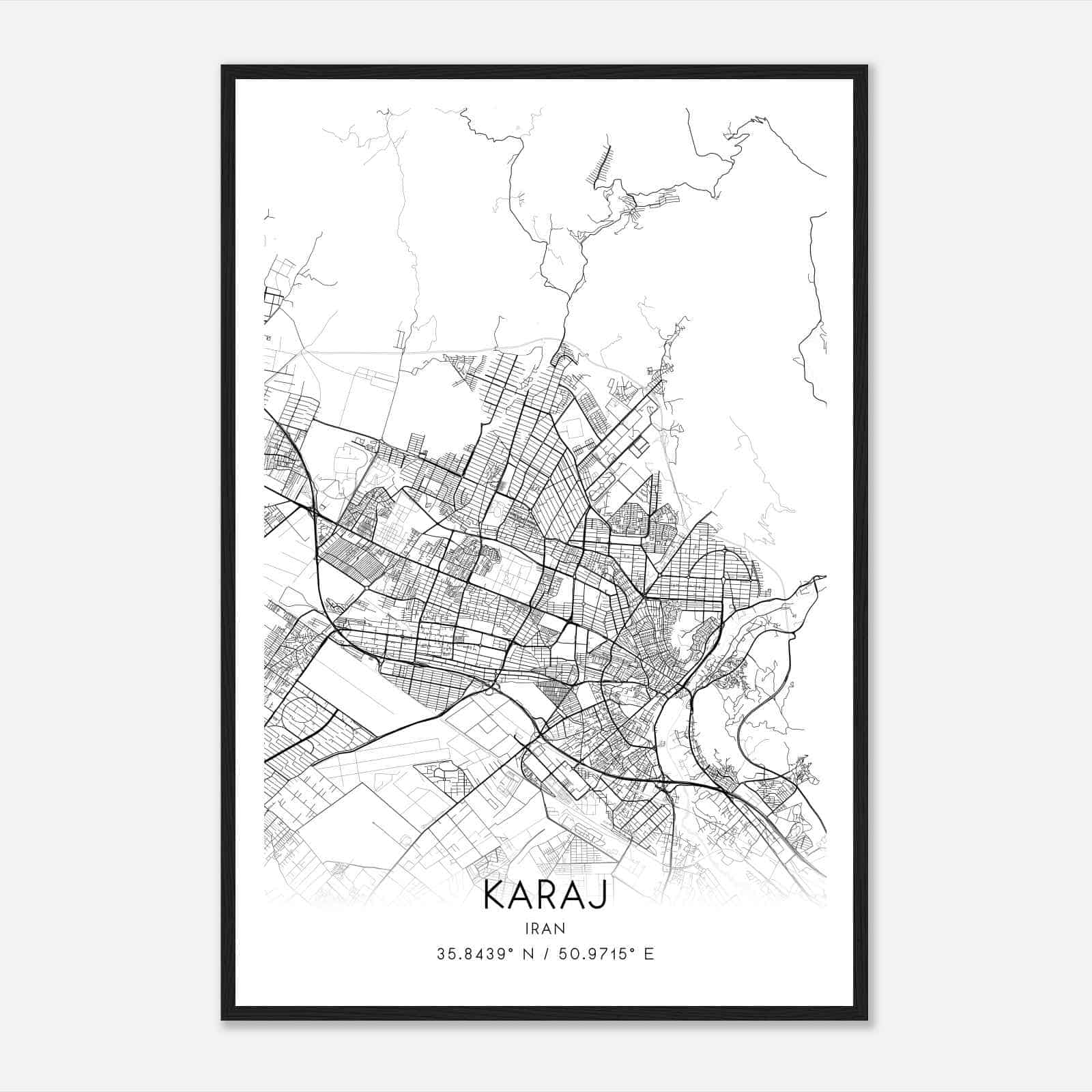 Karaj Iran Map Poster, Karaj City Road Wall Art Print