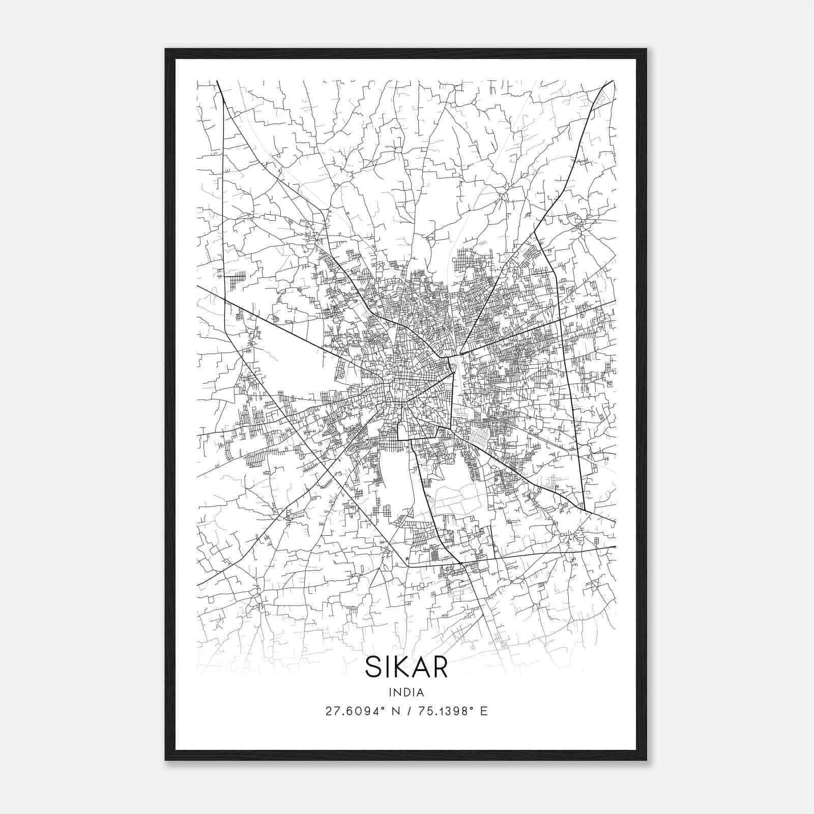 Sikar India Map Poster, Sikar City Road Wall Art Print