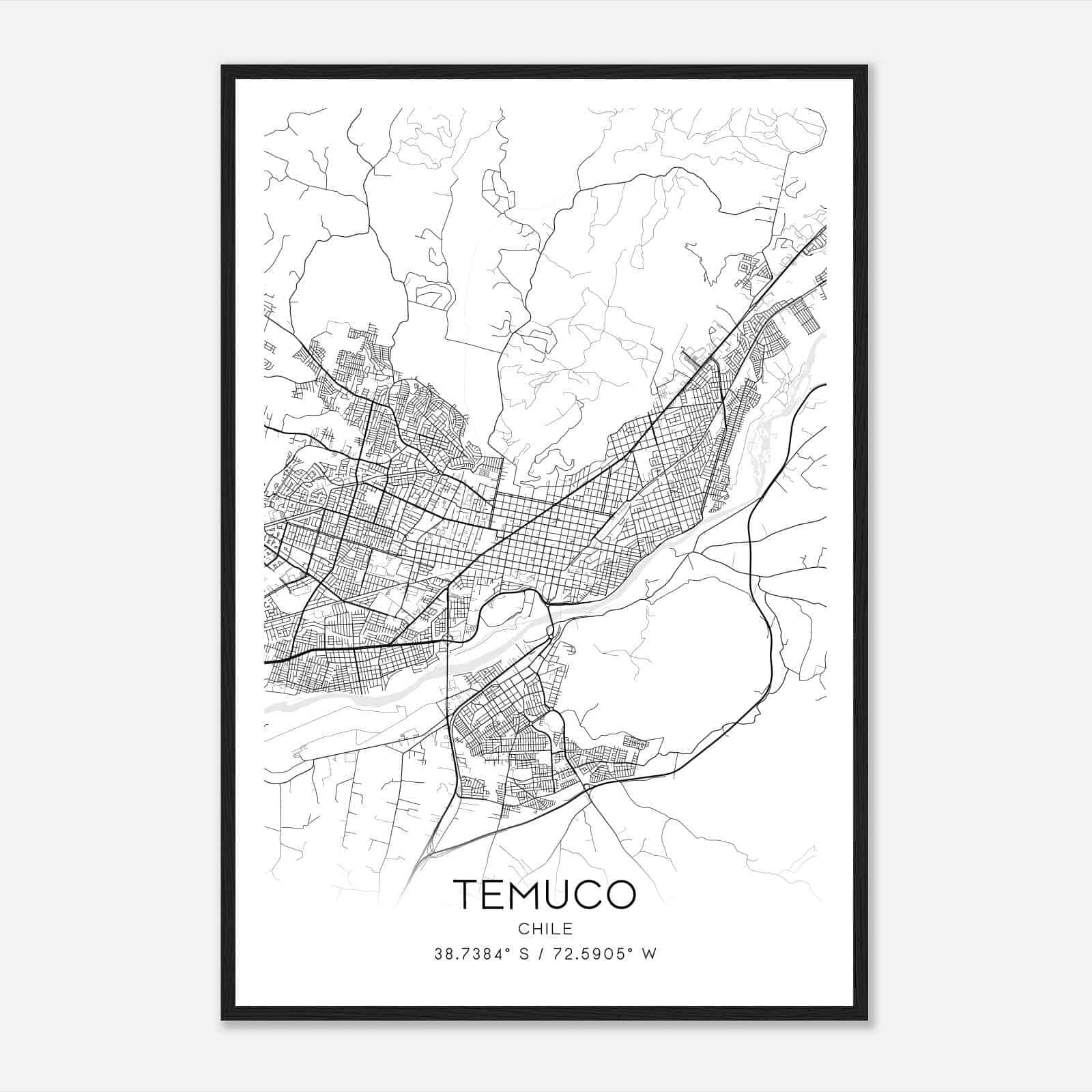 Temuco Chile Map Poster, Temuco City Road Wall Art Print