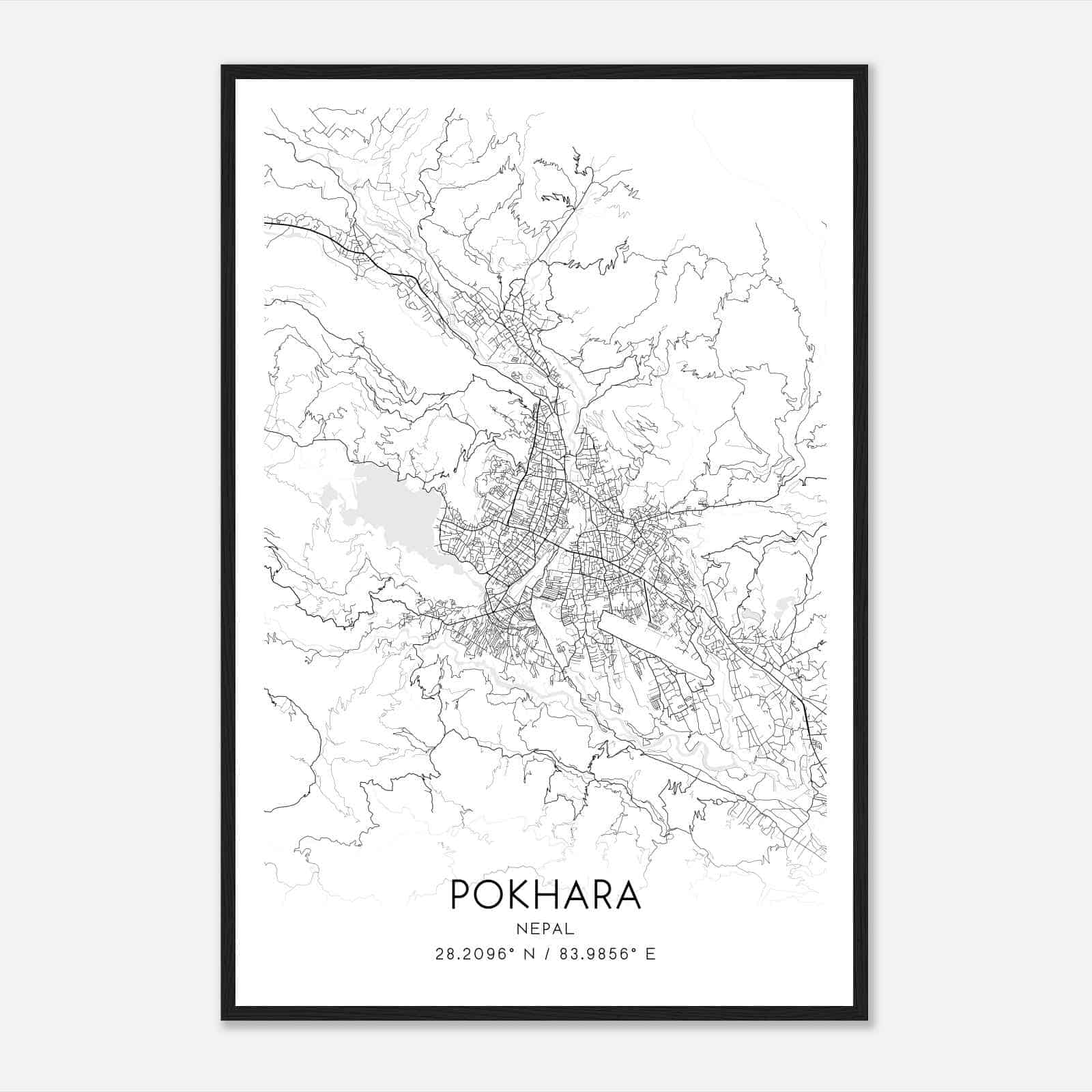 Pokhara Nepal Map Poster, Pokhara City Road Wall Art Print