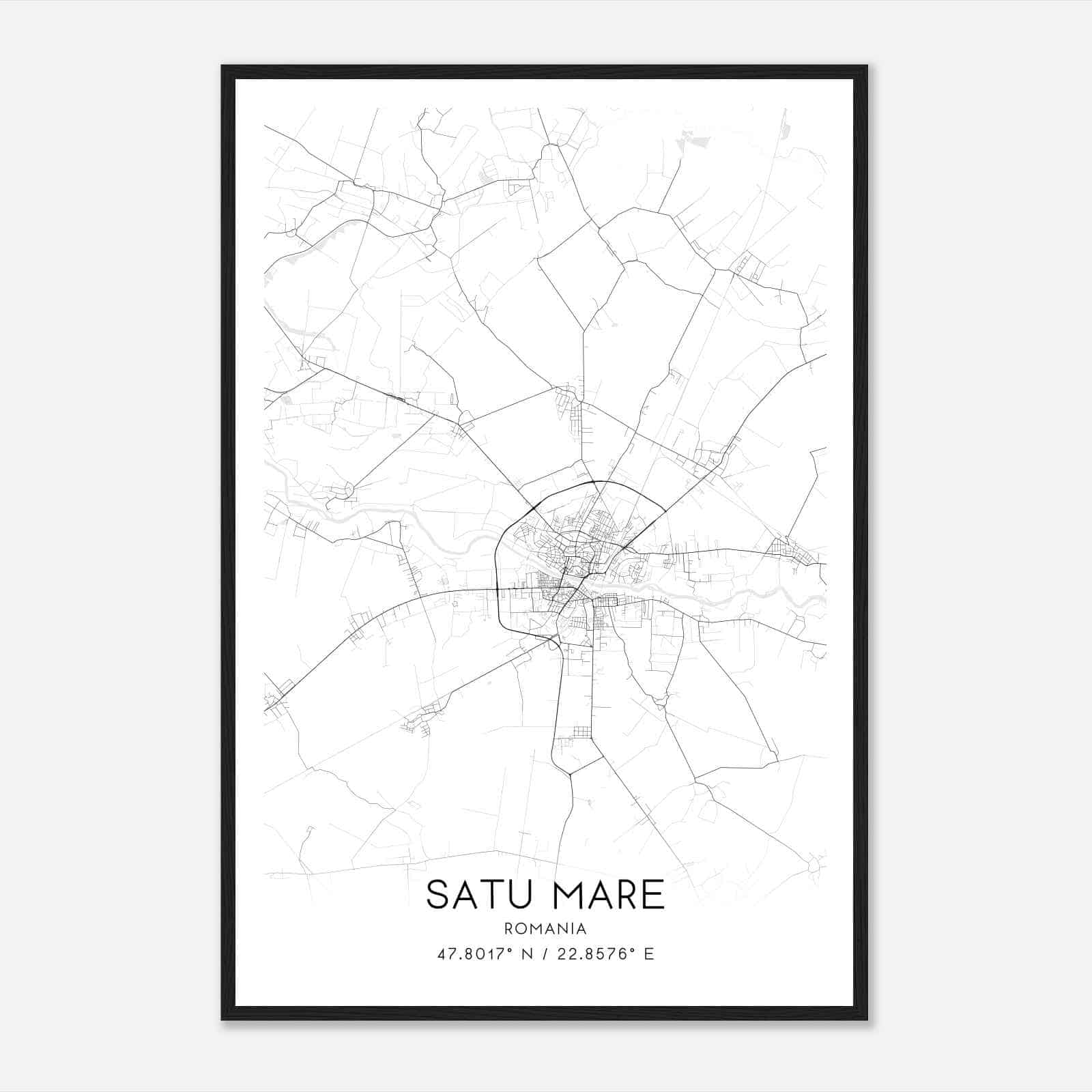Satu Mare Romania Map Poster, Satu Mare City Road Wall Art Print