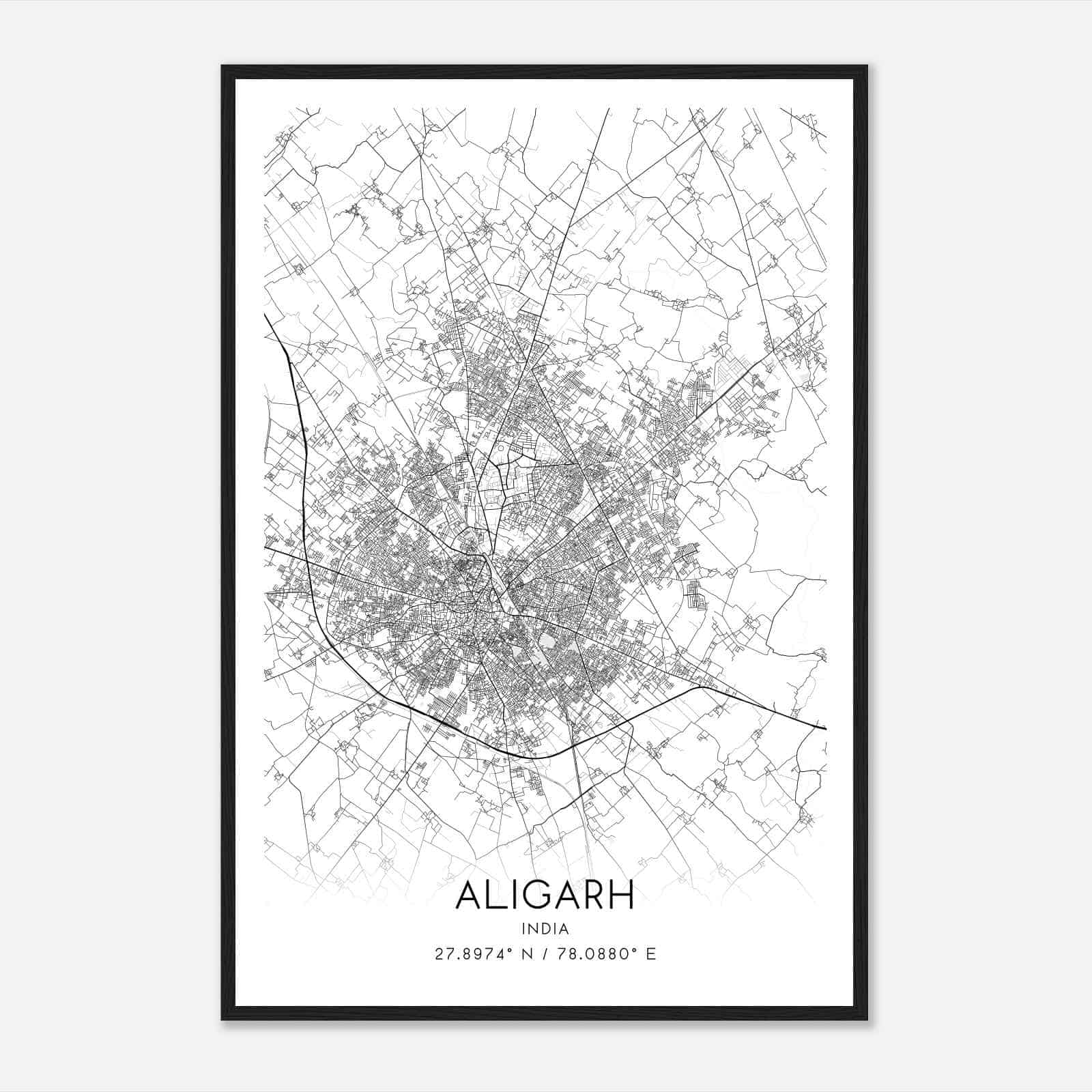Aligarh India Map Poster, Aligarh City Road Wall Art Print