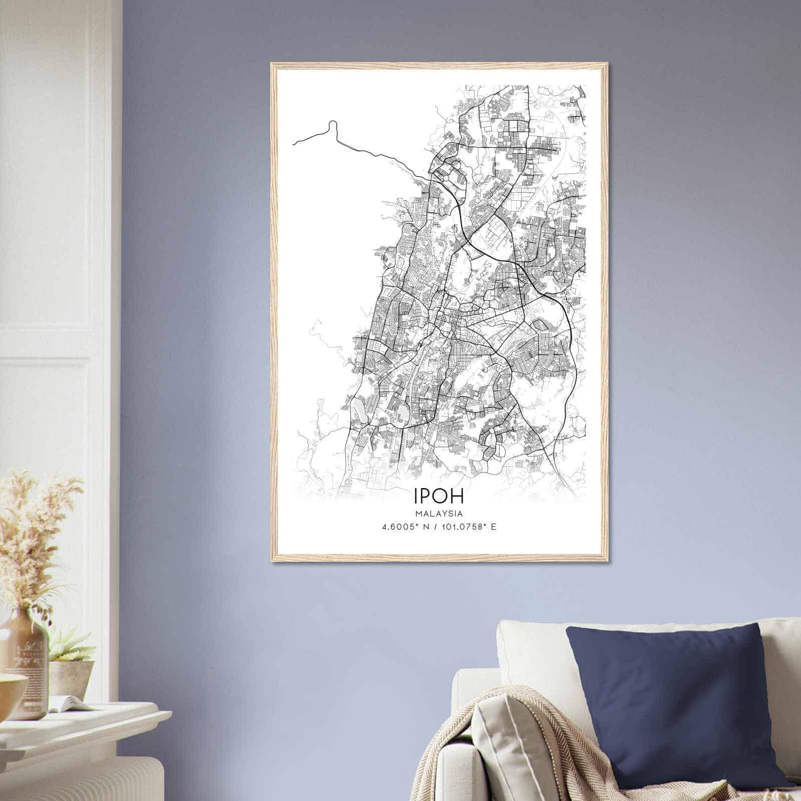 Ipoh Malaysia Map Poster, Ipoh City Road Wall Art Print
