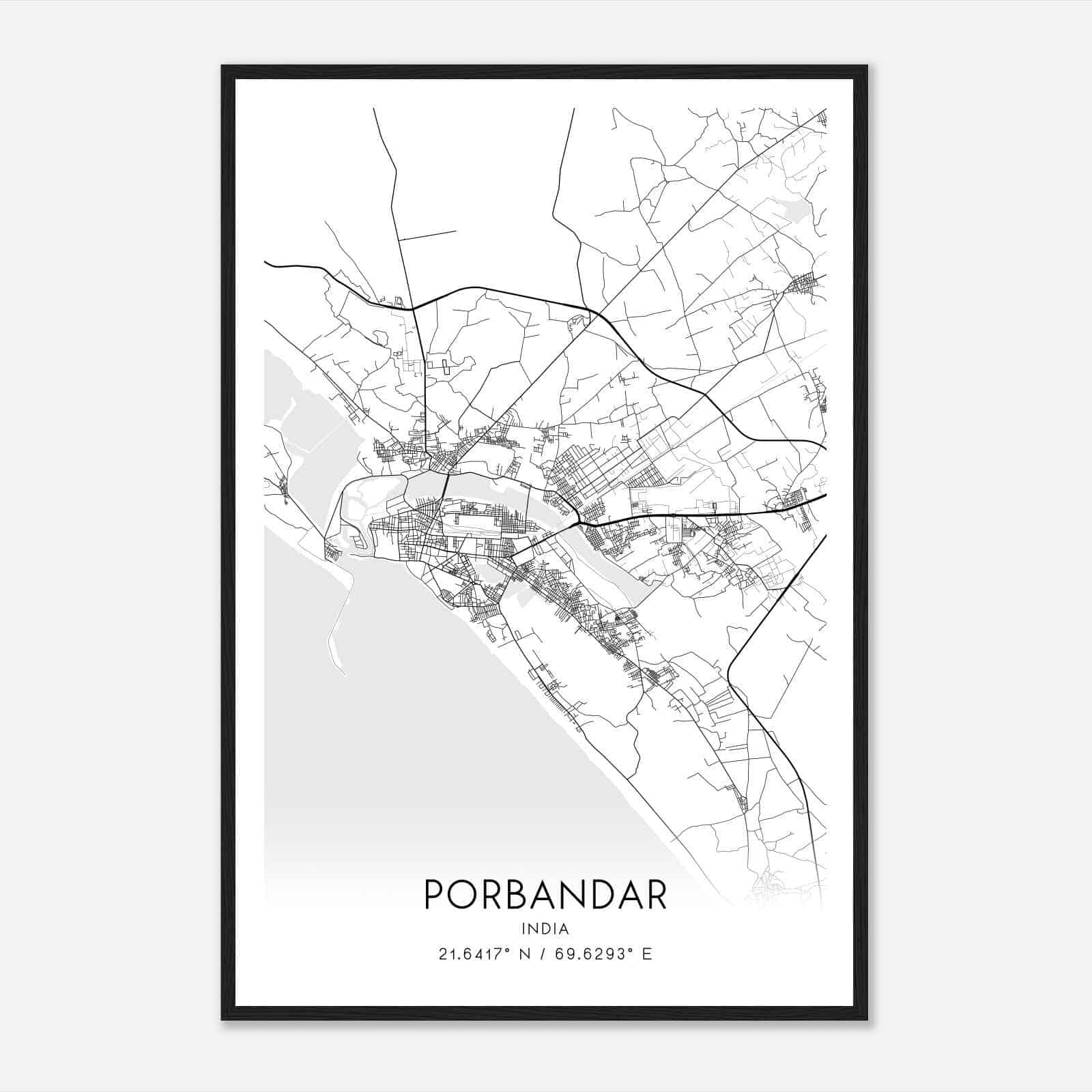 Porbandar India Map Poster, Porbandar City Road Wall Art Print