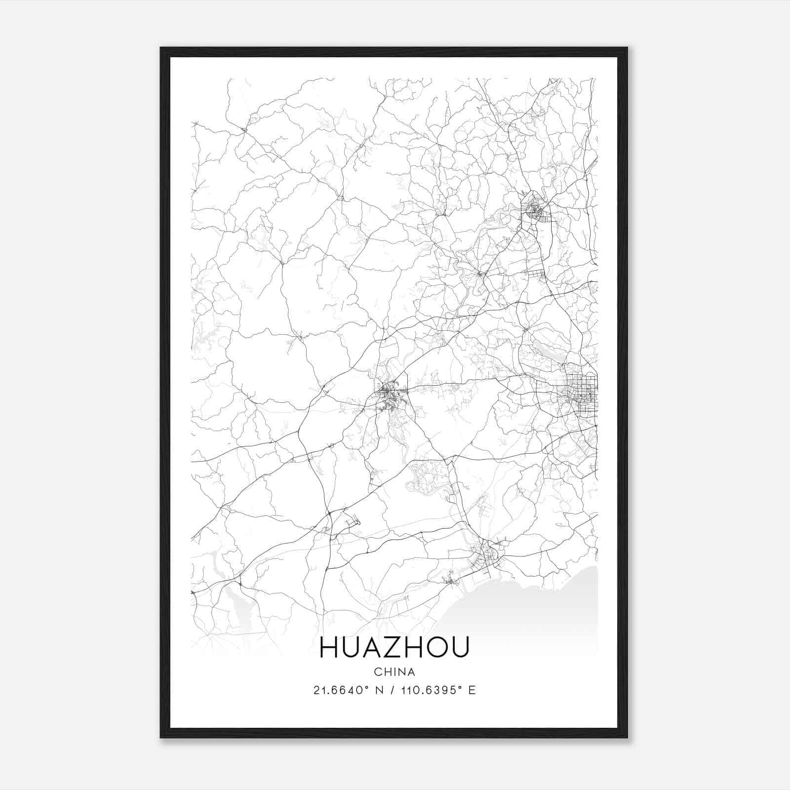 Huazhou China Map Poster, Huazhou City Road Wall Art Print