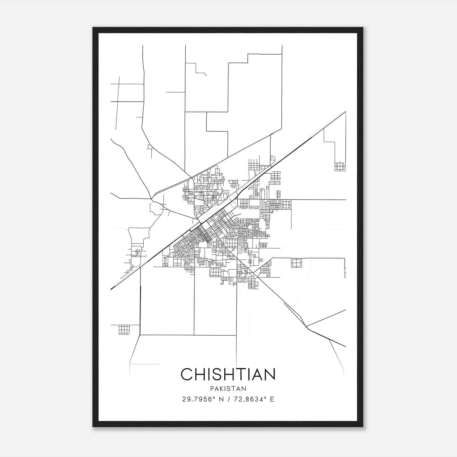 Chishtian Pakistan Map Poster, Chishtian City Road Wall Art Print