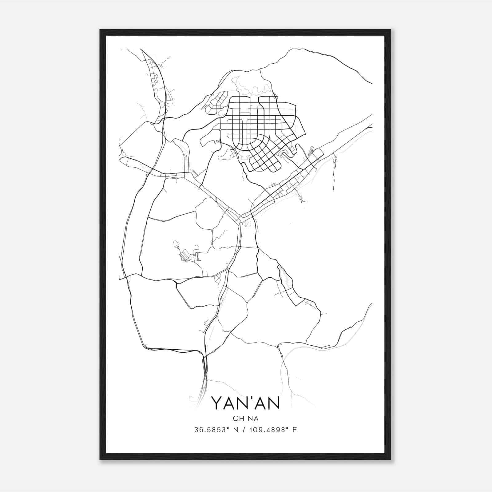 YanAn China Map Poster, YanAn City Road Wall Art Print
