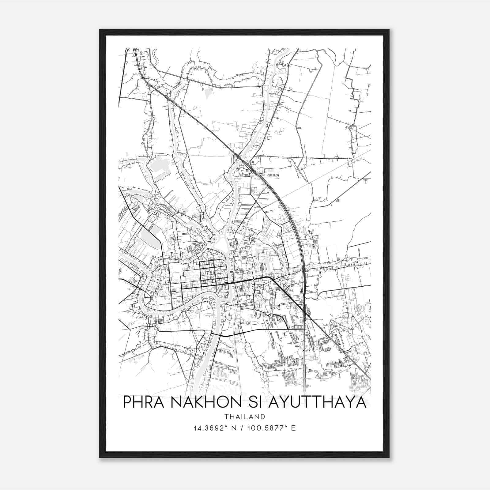 Phra Nakhon Si Ayutthaya Thailand Map Poster, Phra Nakhon Si Ayutthaya City Road Wall Art Print