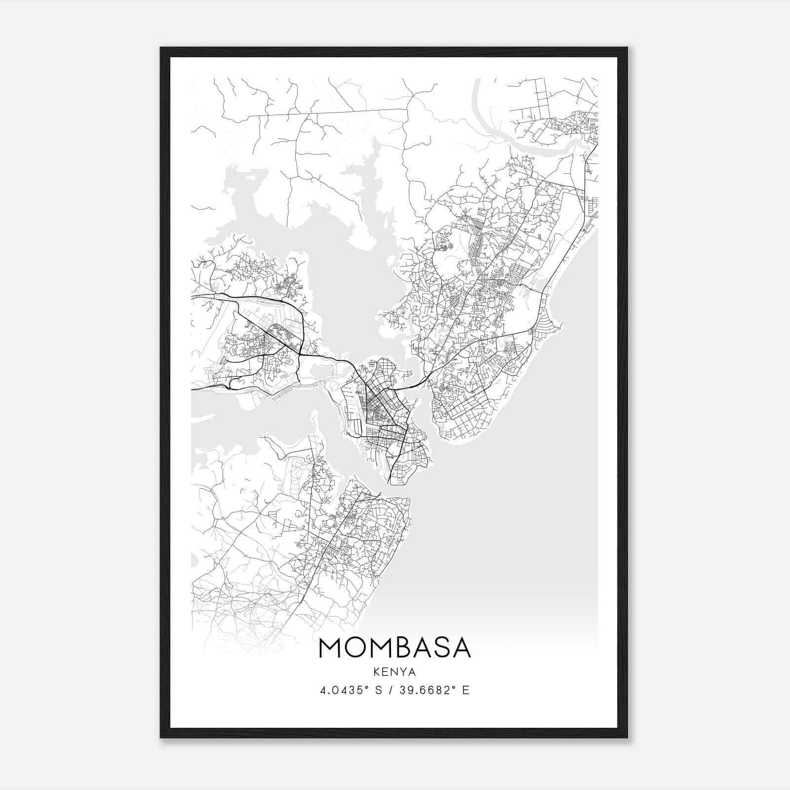 Mombasa Kenya Map Poster, Mombasa City Road Wall Art Print