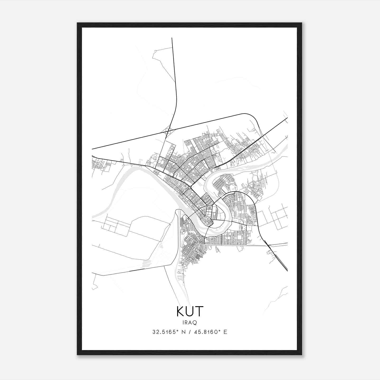 Kut Iraq Map Poster, Kut City Road Wall Art Print