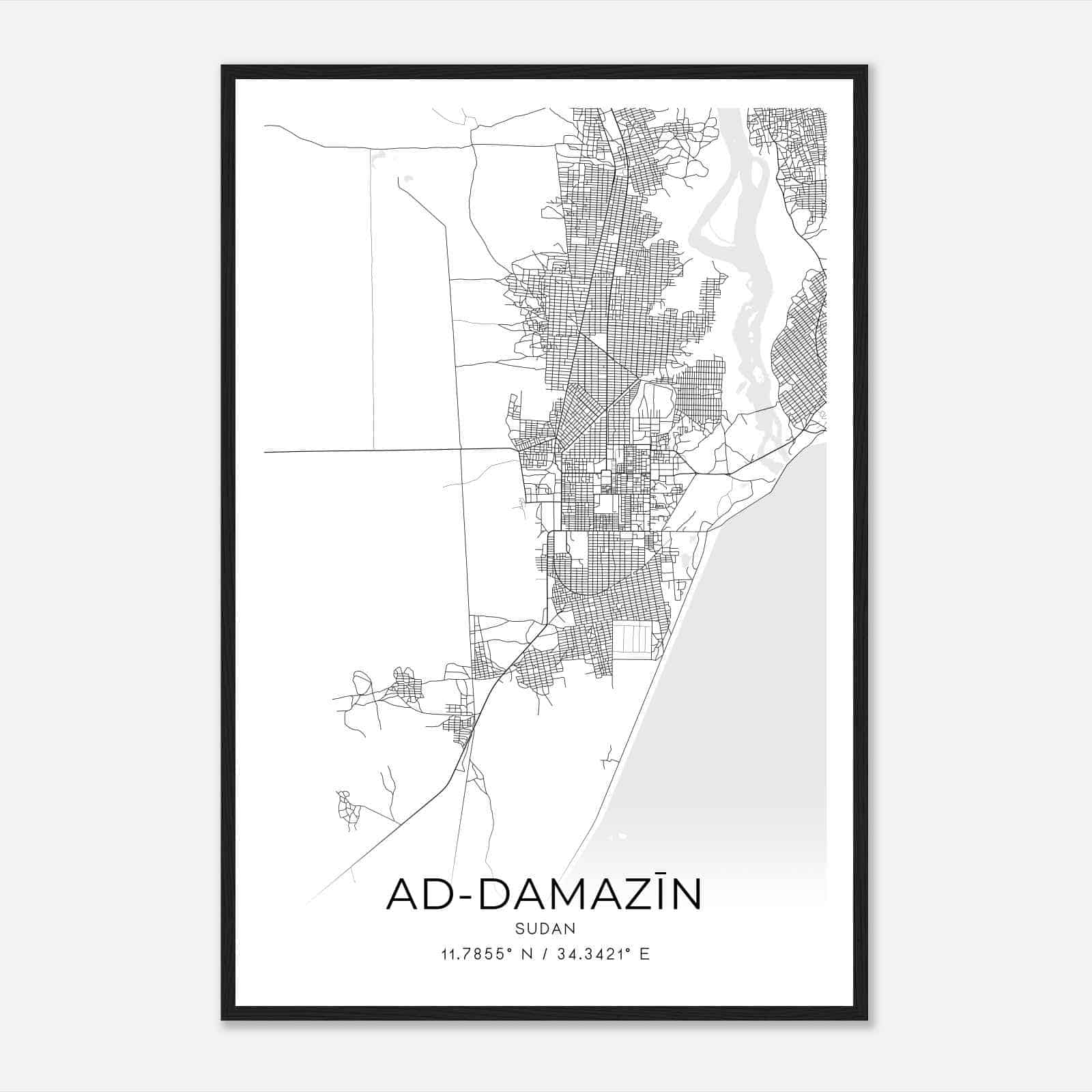 AdDamazin Sudan Map Poster, AdDamazin City Road Wall Art Print