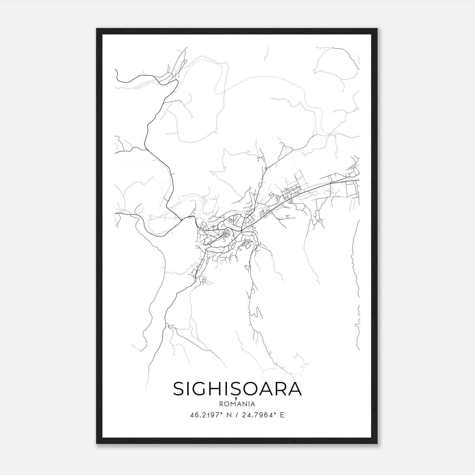Sighisoara Romania Map Poster, Sighisoara City Road Wall Art Print