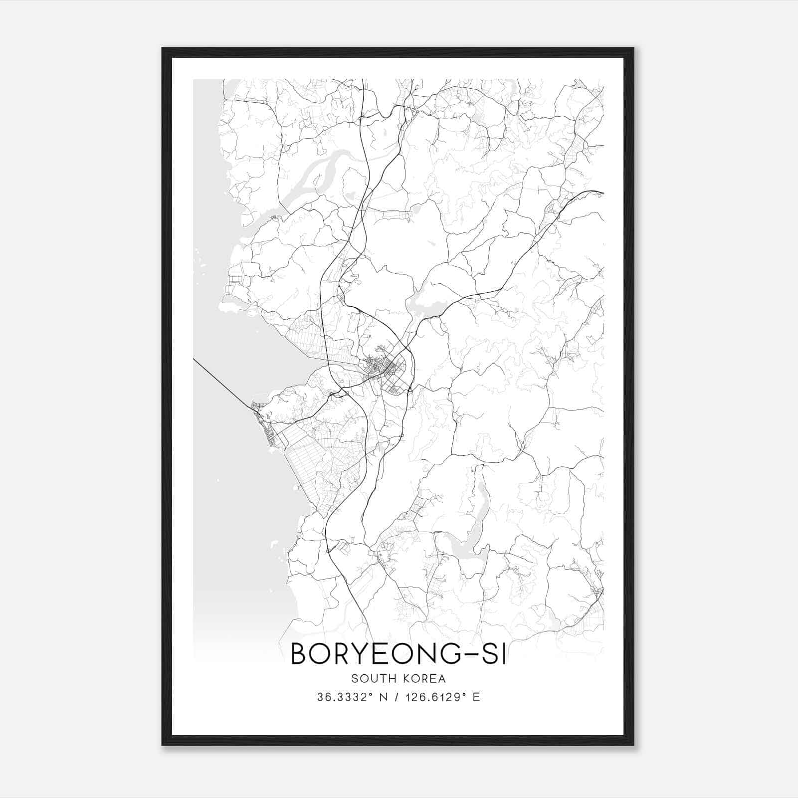 Boryeongsi South Korea Map Poster, Boryeongsi City Road Wall Art Print