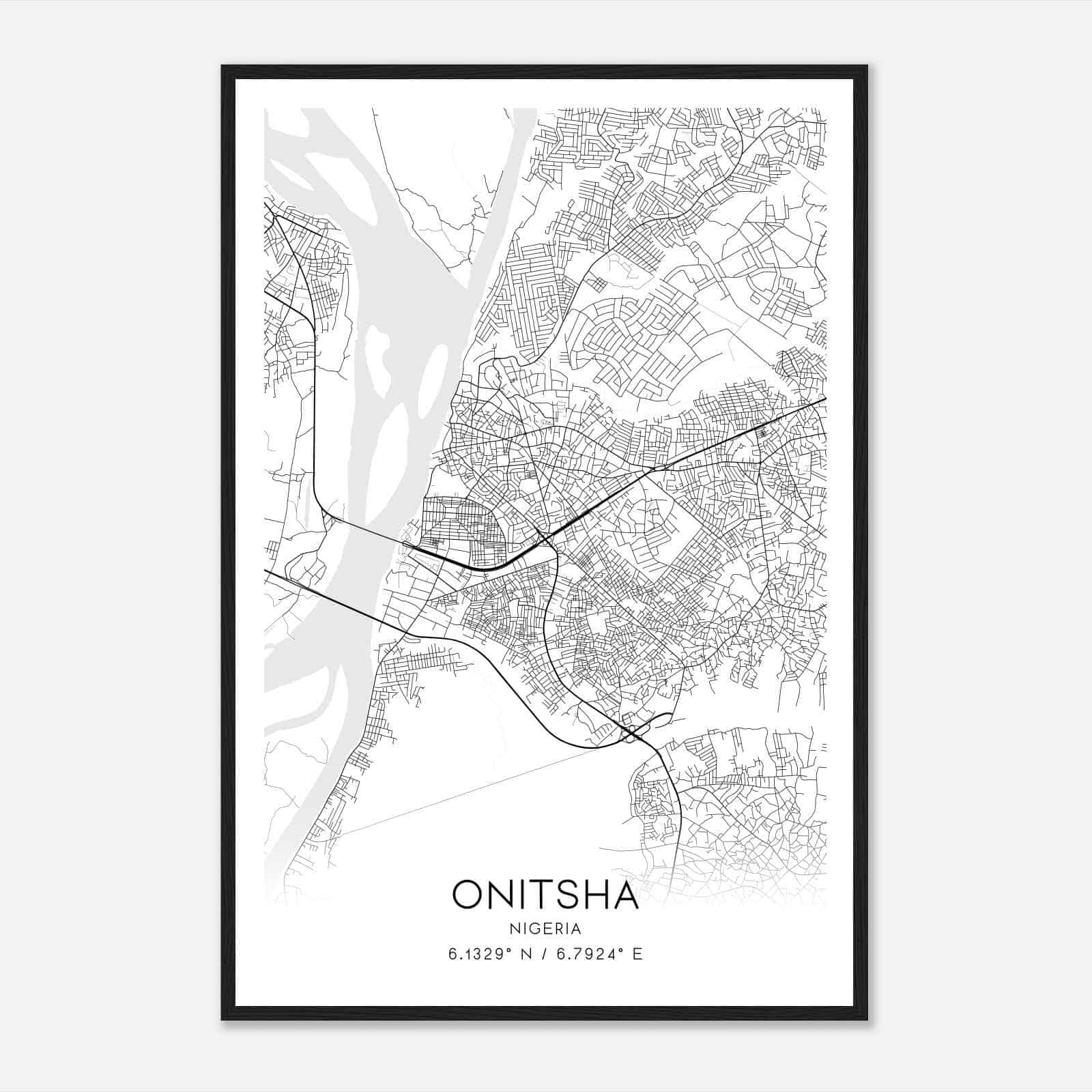Onitsha Nigeria Map Poster, Onitsha City Road Wall Art Print
