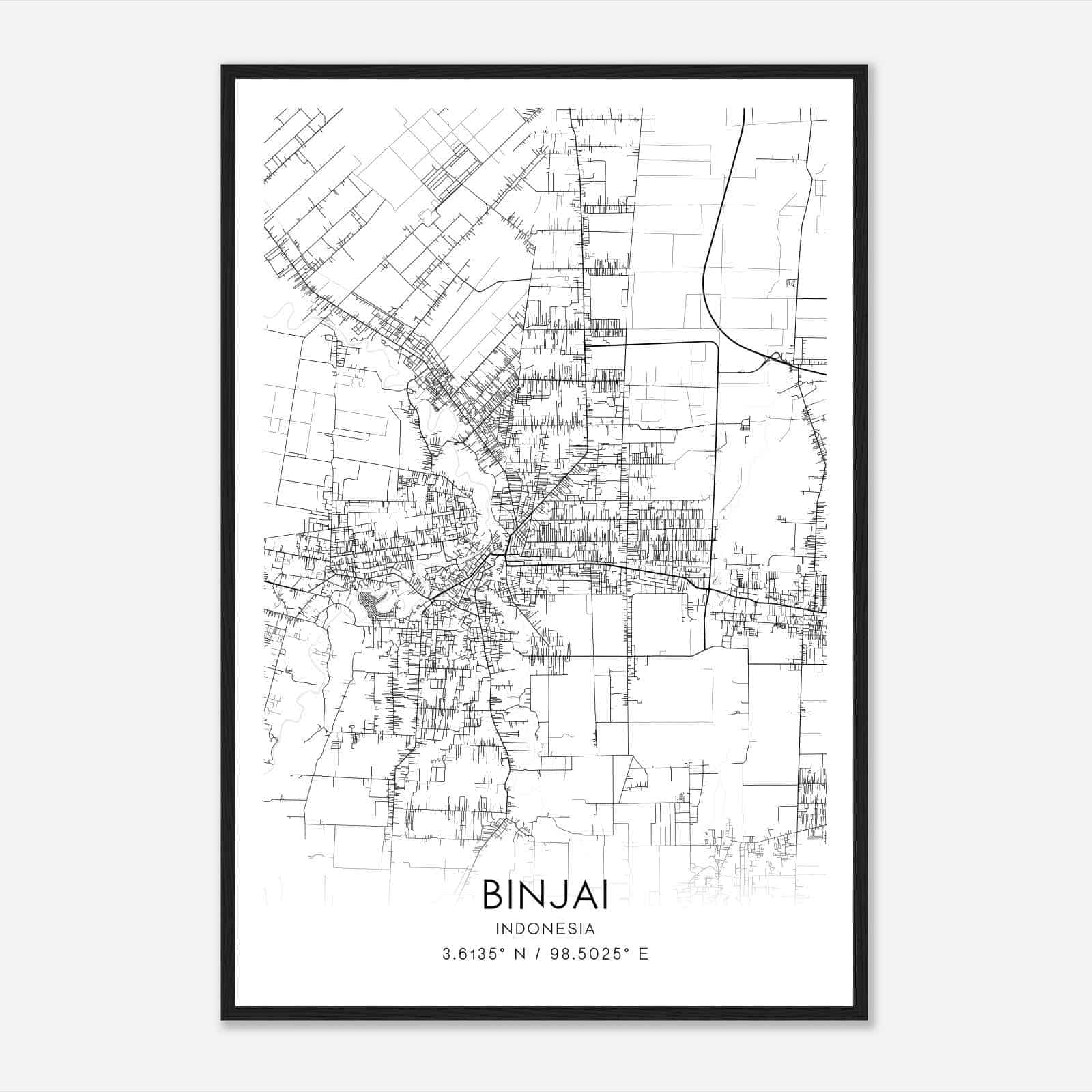 Binjai Indonesia Map Poster, Binjai City Road Wall Art Print