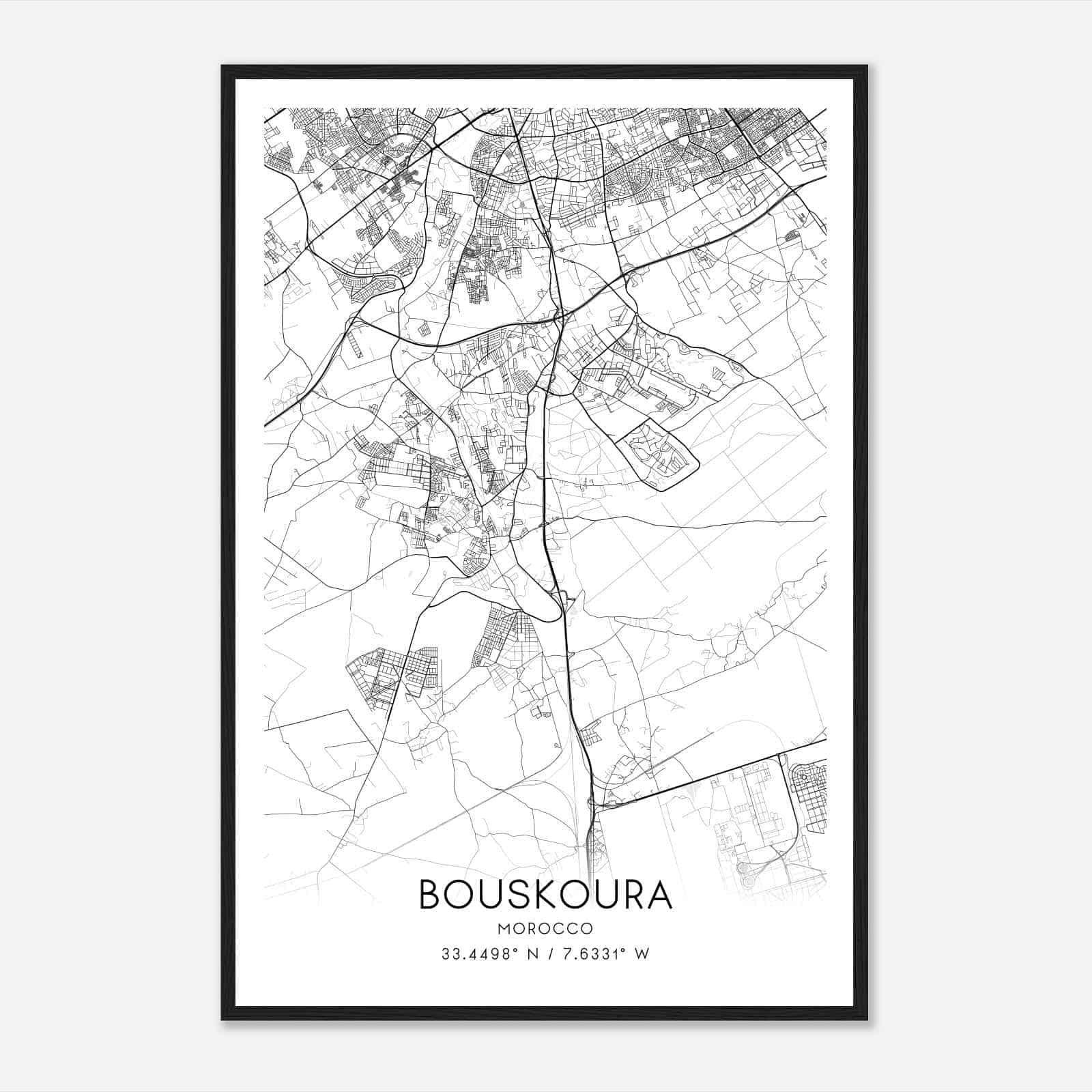 Bouskoura Morocco Map Poster, Bouskoura City Road Wall Art Print