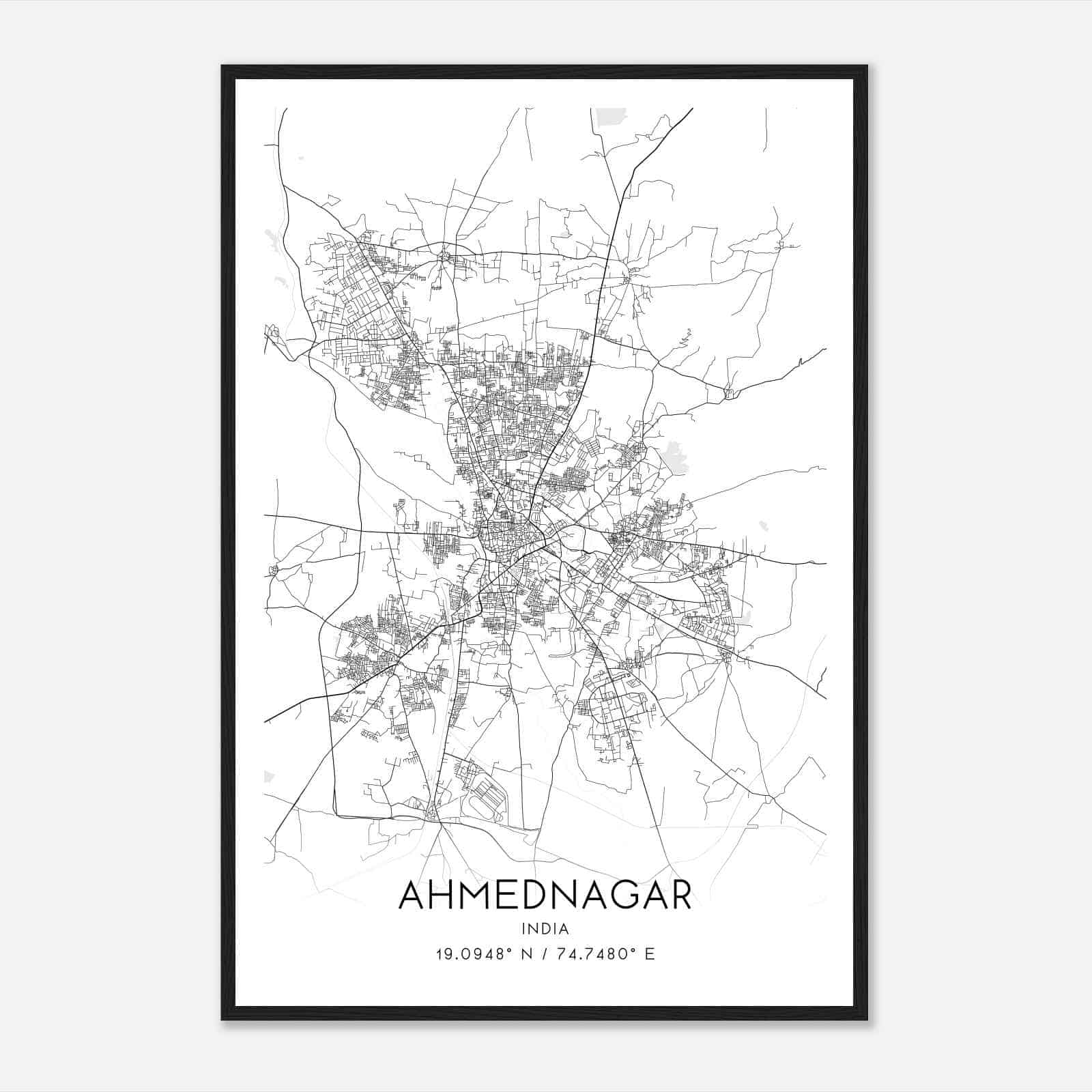 Ahmednagar India Map Poster, Ahmednagar City Road Wall Art Print