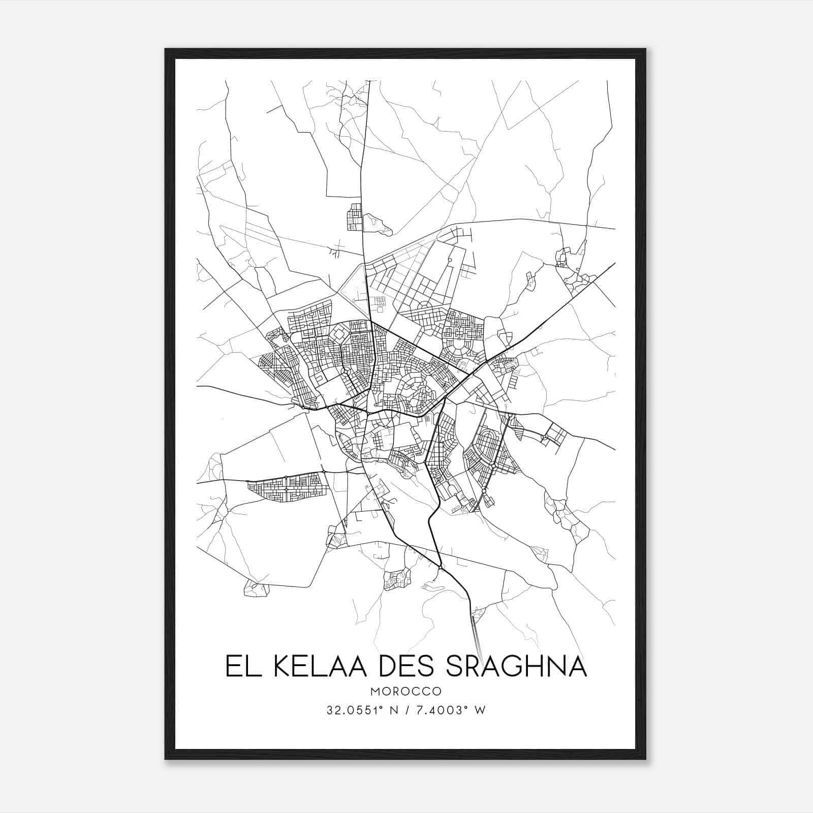 El Kelaa des Sraghna Morocco Map Poster, El Kelaa des Sraghna City Road Wall Art Print