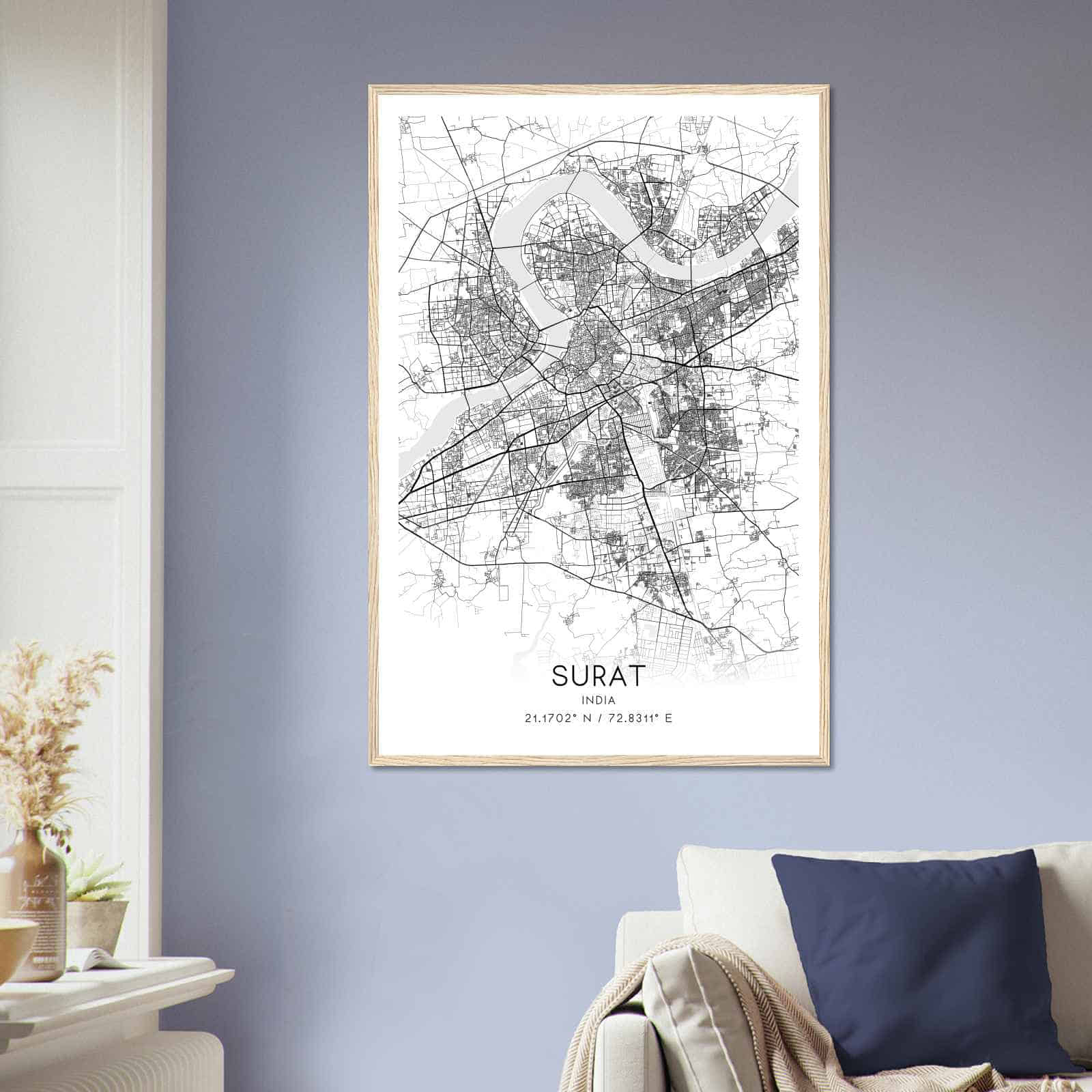 Surat India Map Poster, Surat City Road Wall Art Print