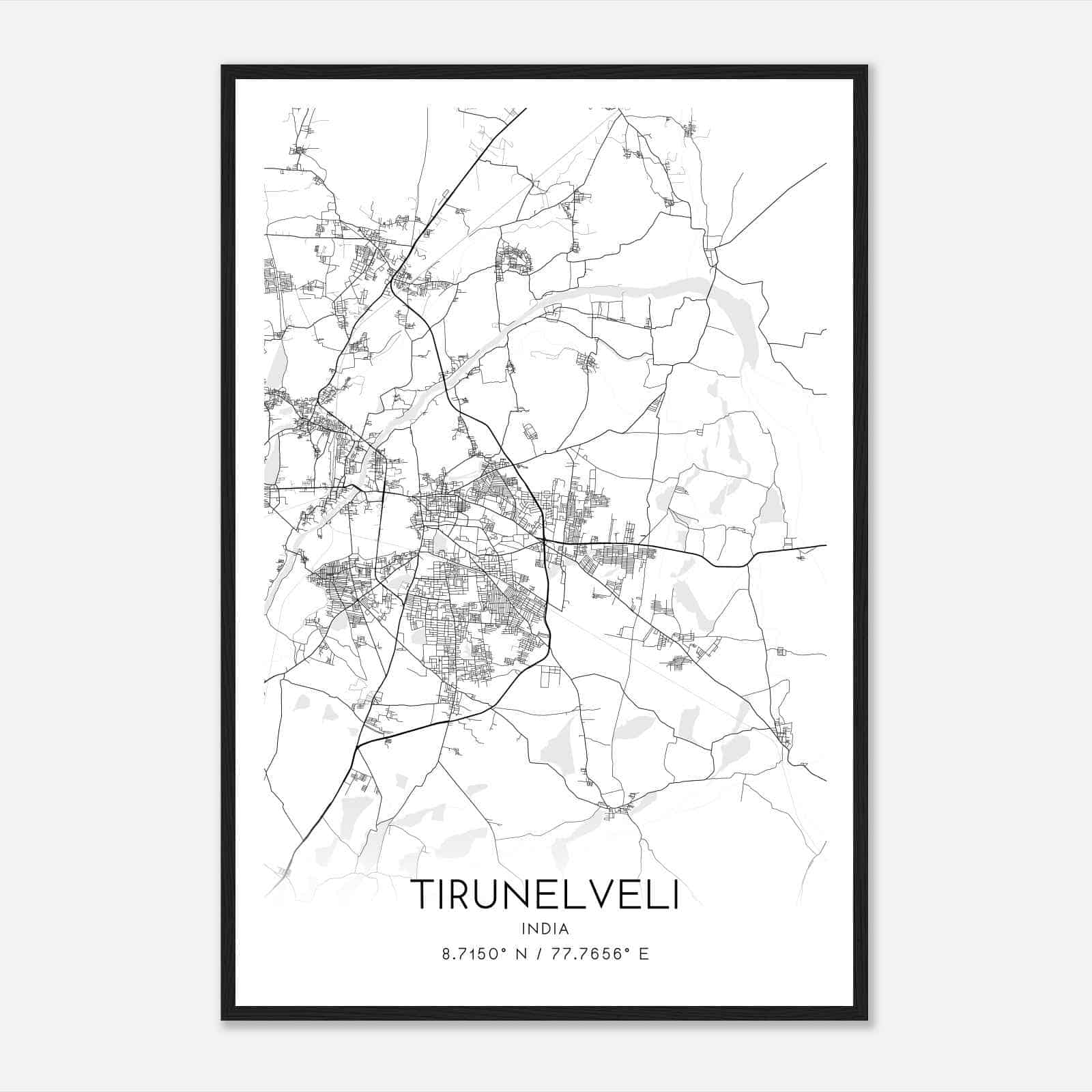 Tirunelveli India Map Poster, Tirunelveli City Road Wall Art Print