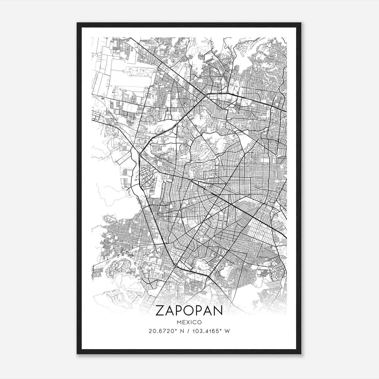 Zapopan Mexico Map Poster, Zapopan City Road Wall Art Print