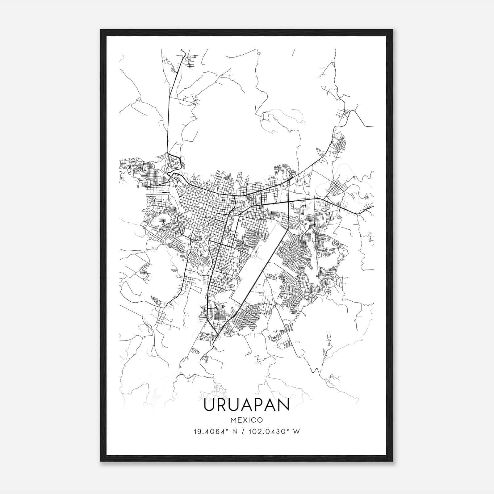 Uruapan Mexico Map Poster, Uruapan City Road Wall Art Print