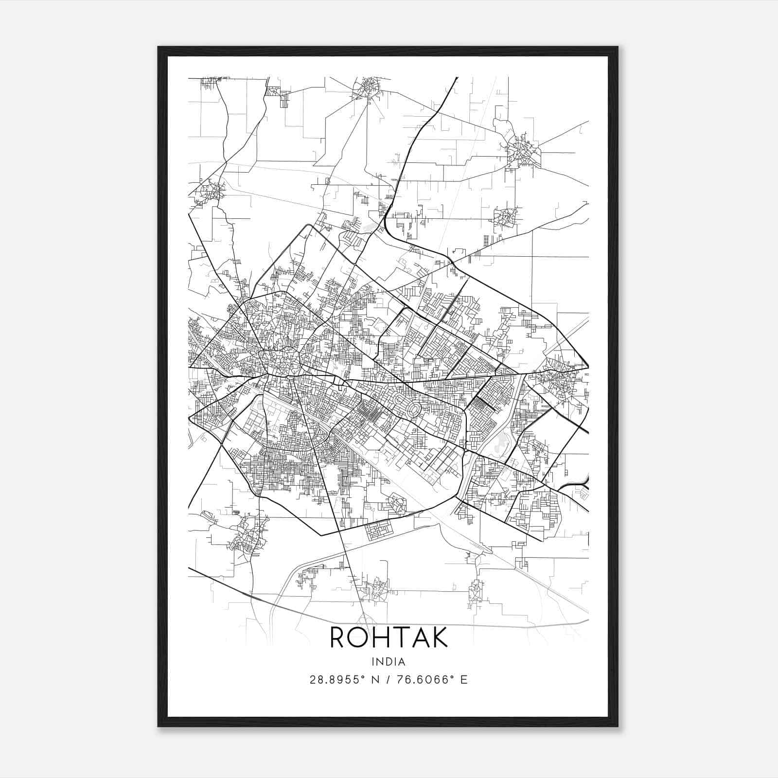 Rohtak India Map Poster, Rohtak City Road Wall Art Print