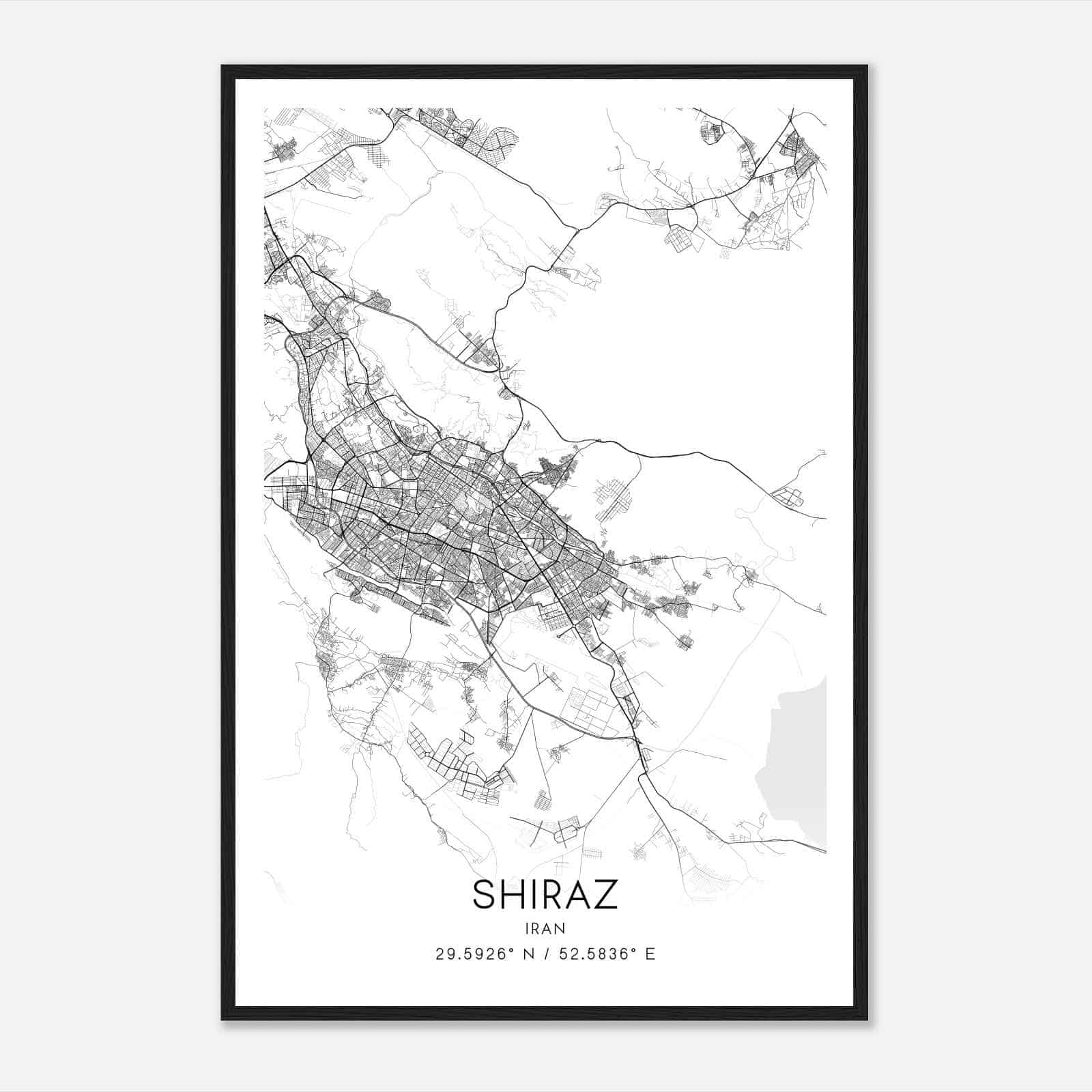 Shiraz Iran Map Poster, Shiraz City Road Wall Art Print