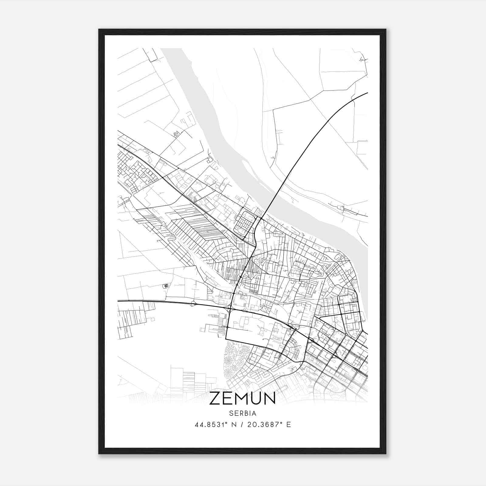 Zemun Serbia Map Poster, Zemun City Road Wall Art Print