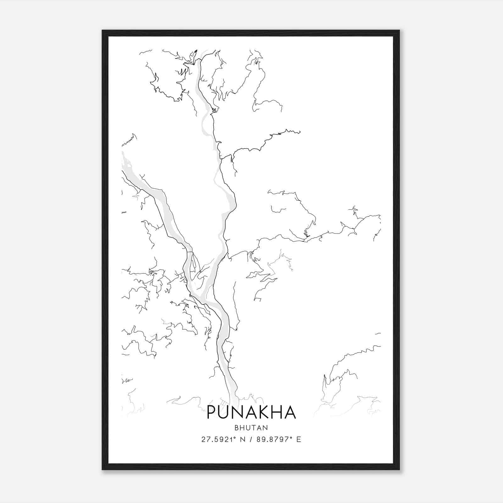 Punakha Bhutan Map Poster, Punakha City Road Wall Art Print