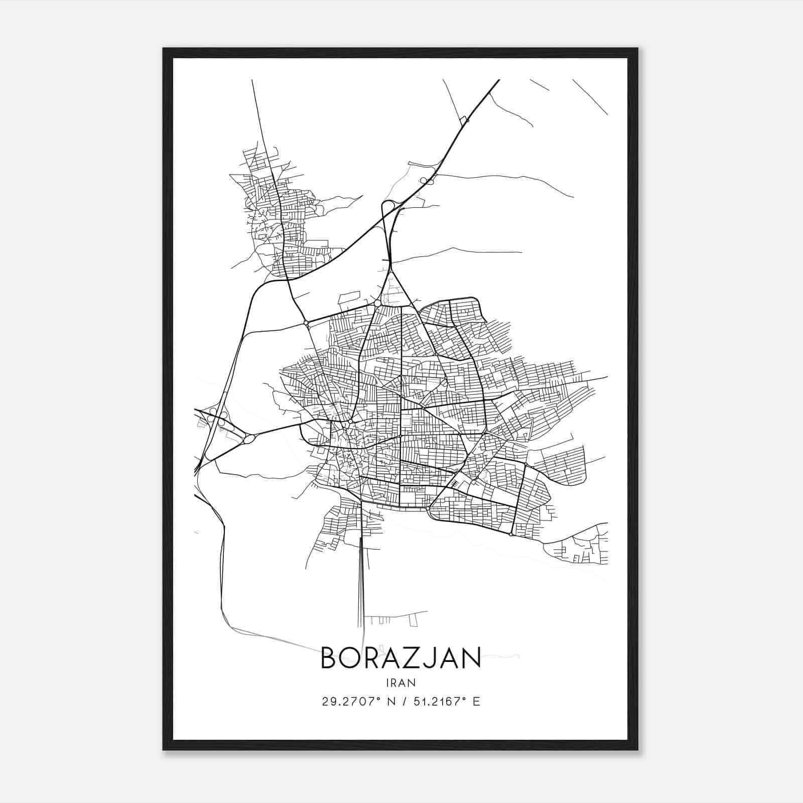 Borazjan Iran Map Poster, Borazjan City Road Wall Art Print
