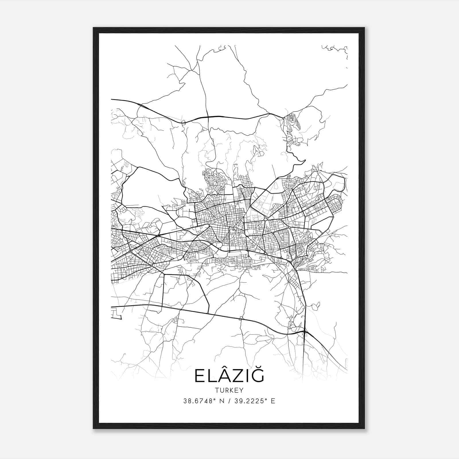 Elazig Turkey Map Poster, Elazig City Road Wall Art Print