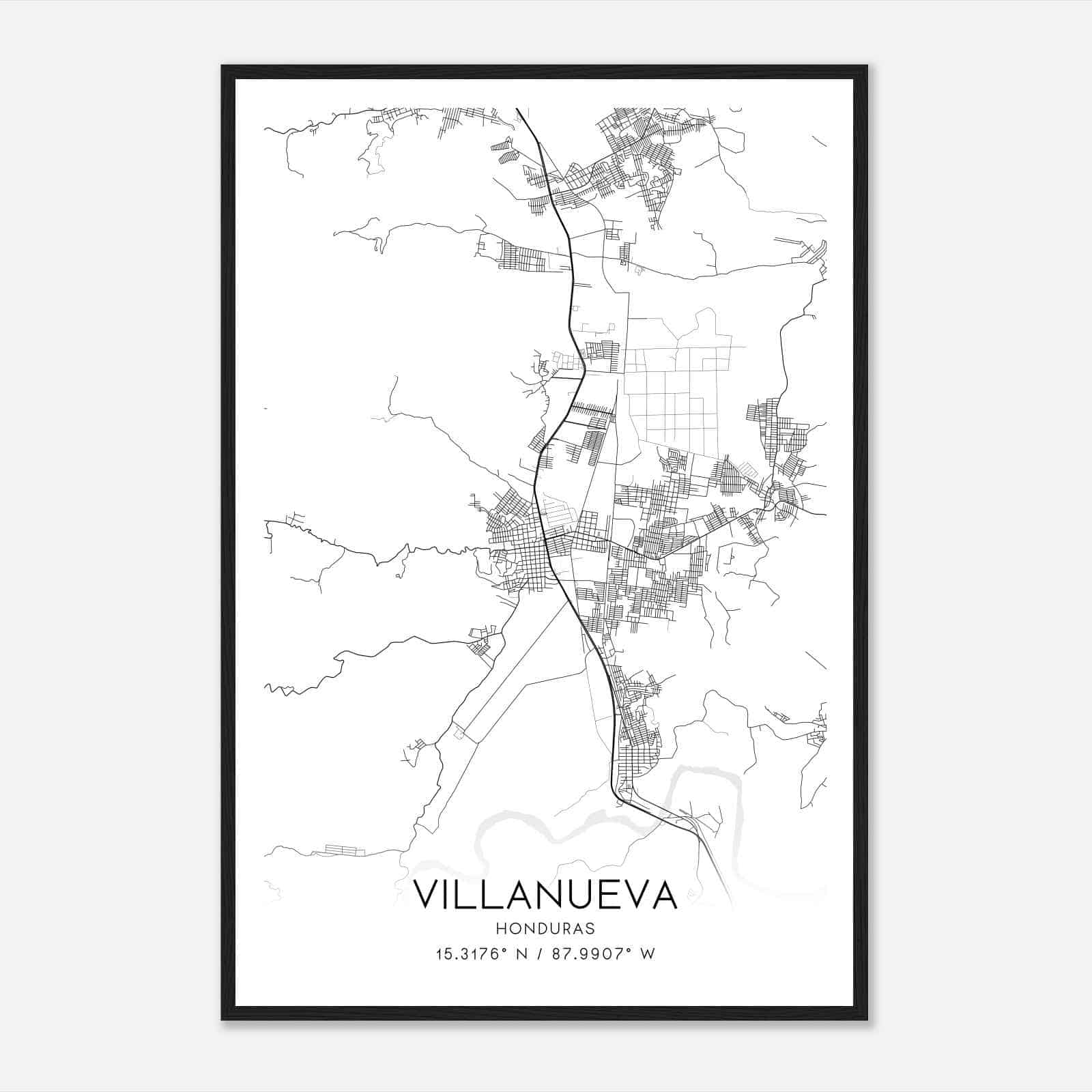 Villanueva Honduras Map Poster, Villanueva City Road Wall Art Print