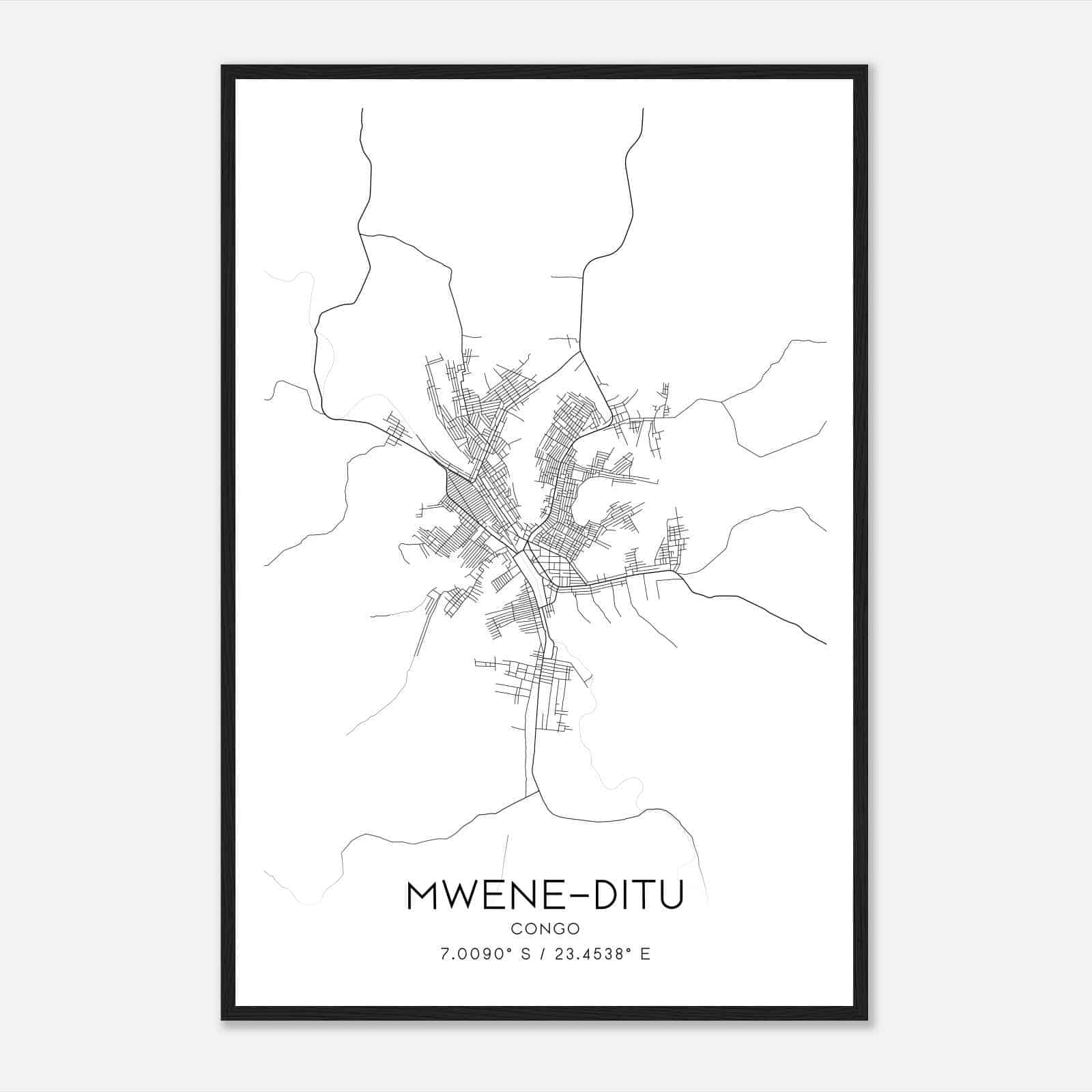MweneDitu Congo Map Poster, MweneDitu City Road Wall Art Print