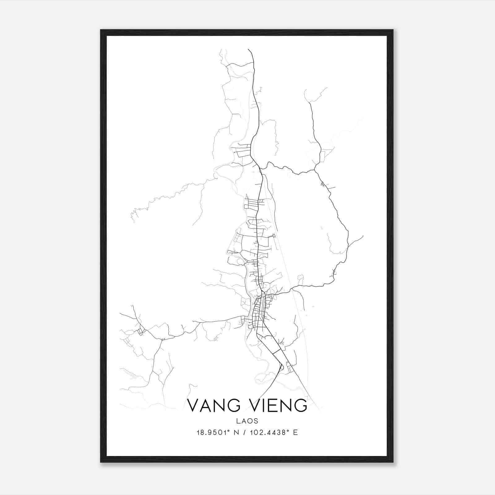 Vang Vieng Laos Map Poster, Vang Vieng City Road Wall Art Print
