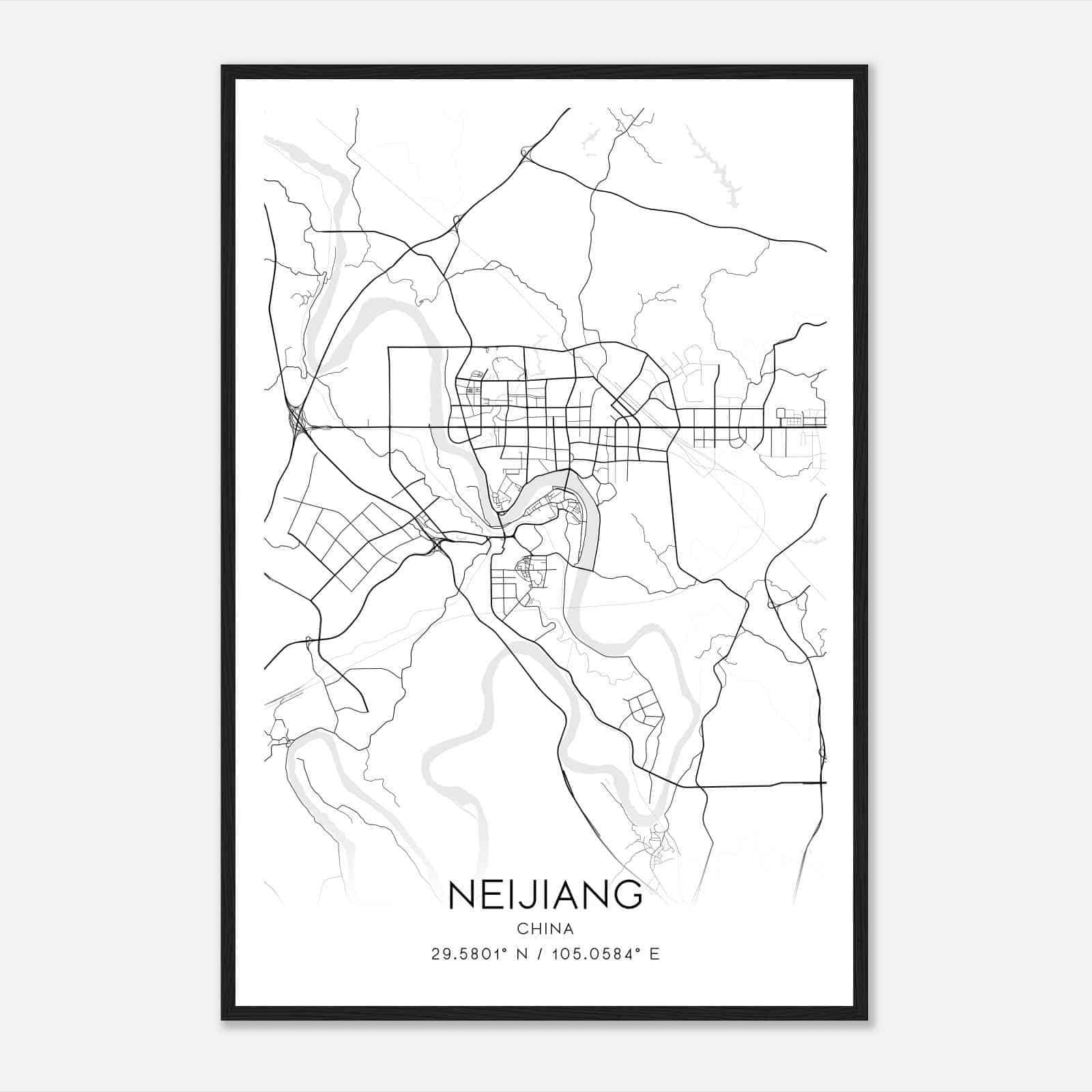 Neijiang China Map Poster, Neijiang City Road Wall Art Print