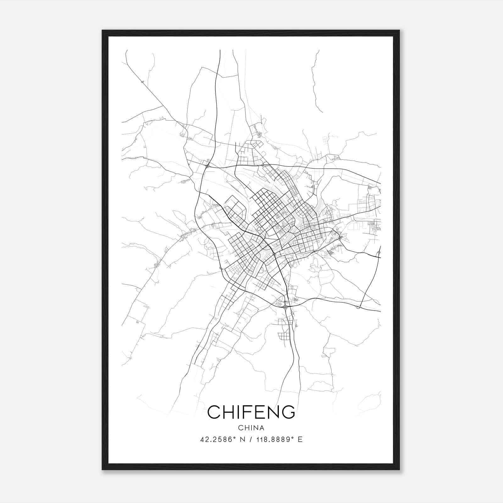 Chifeng China Map Poster, Chifeng City Road Wall Art Print
