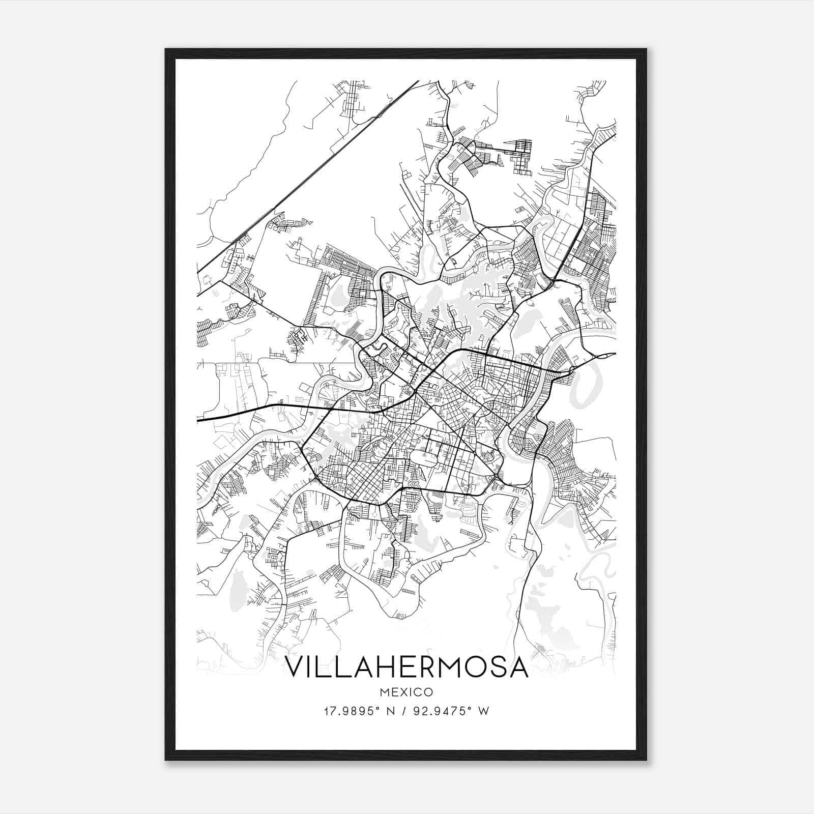 Villahermosa Mexico Map Poster, Villahermosa City Road Wall Art Print