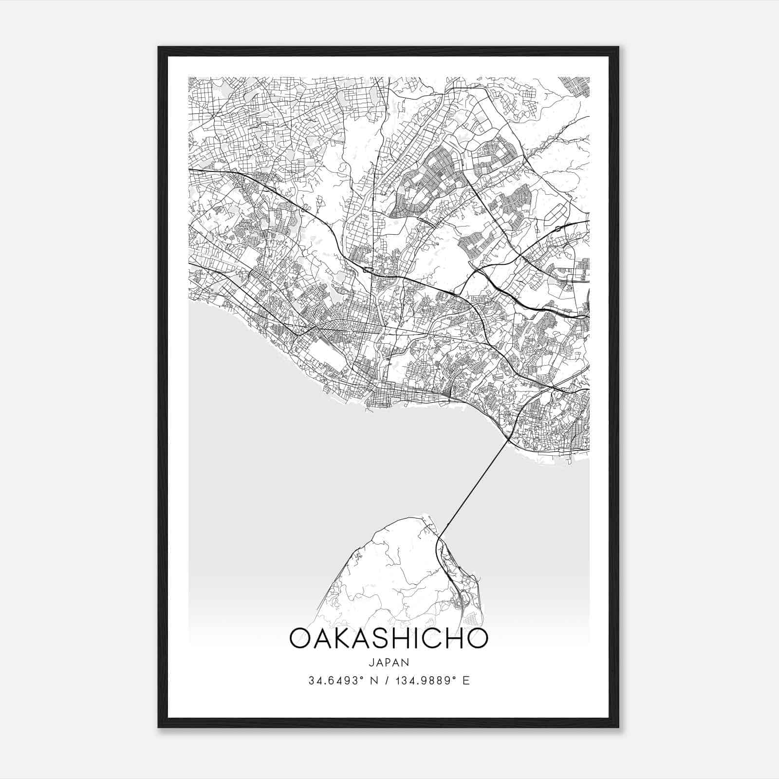 Oakashicho Japan Map Poster, Oakashicho City Road Wall Art Print