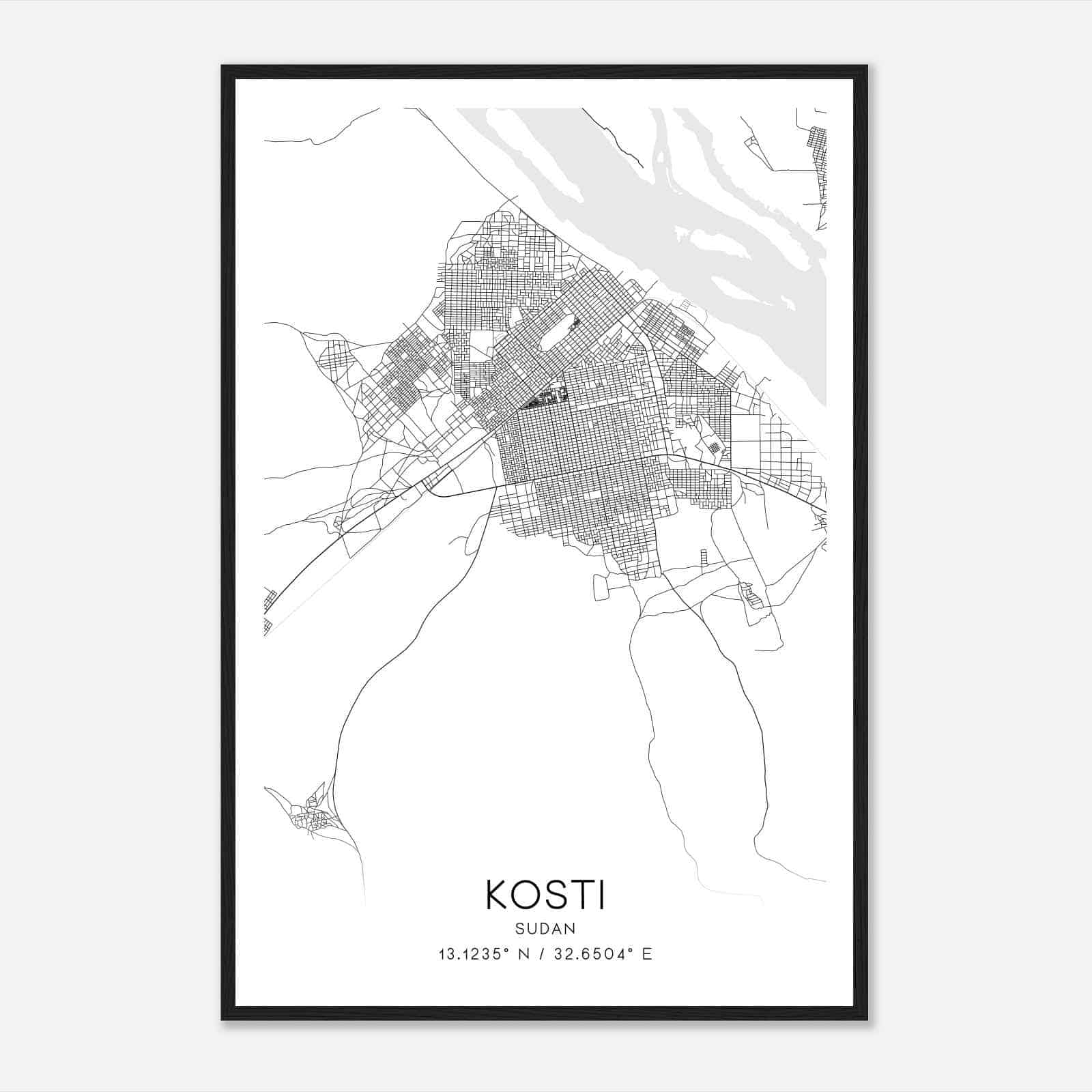 Kosti Sudan Map Poster, Kosti City Road Wall Art Print