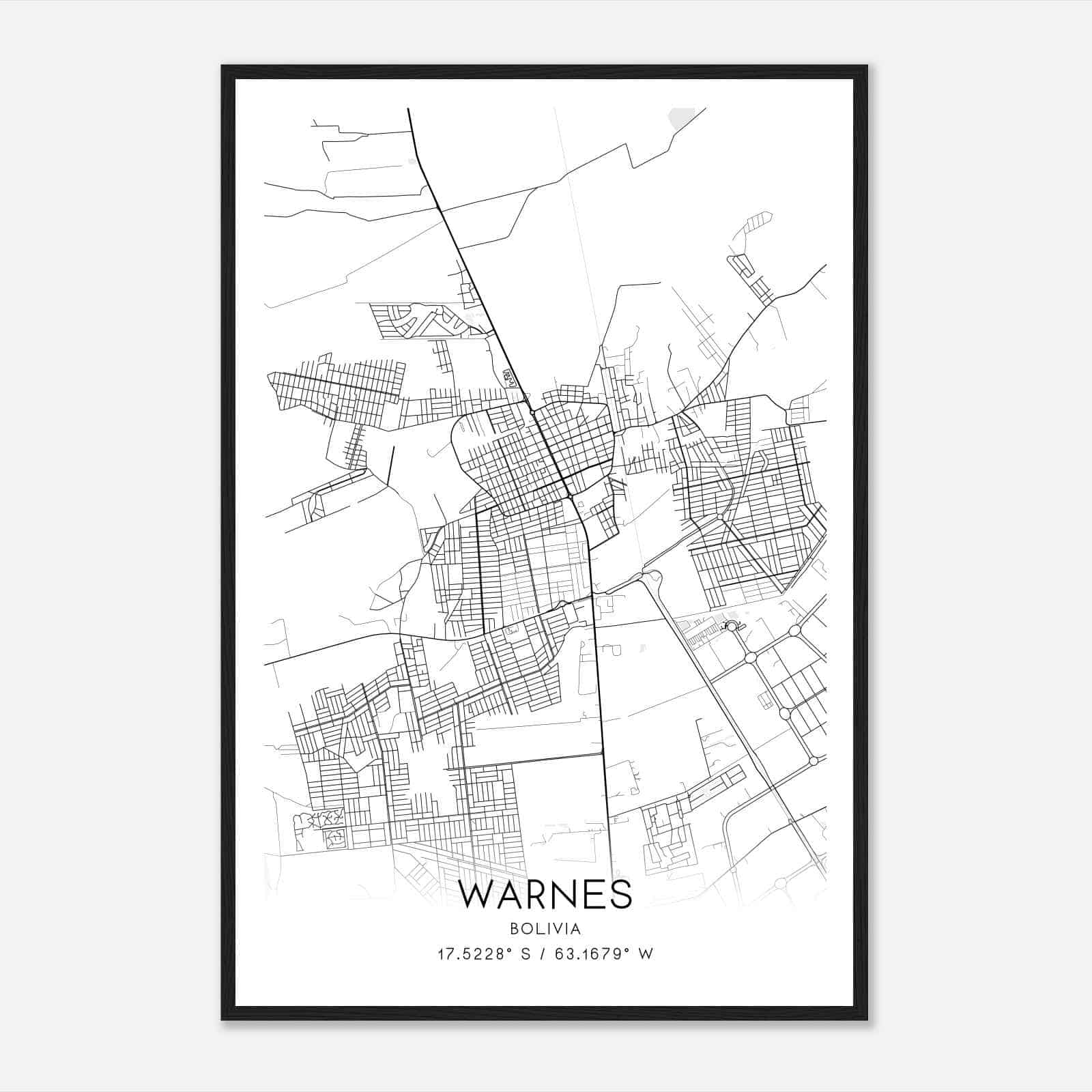Warnes Bolivia Map Poster, Warnes City Road Wall Art Print