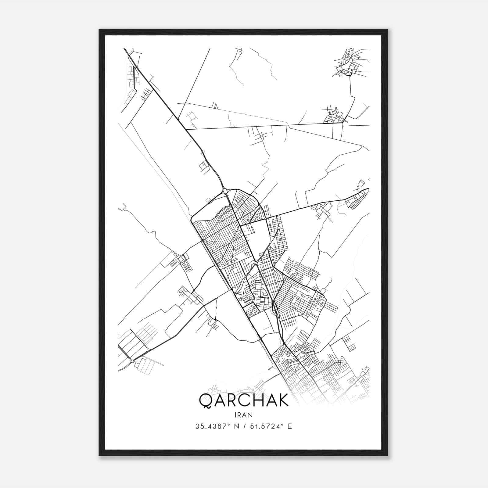 Qarchak Iran Map Poster, Qarchak City Road Wall Art Print