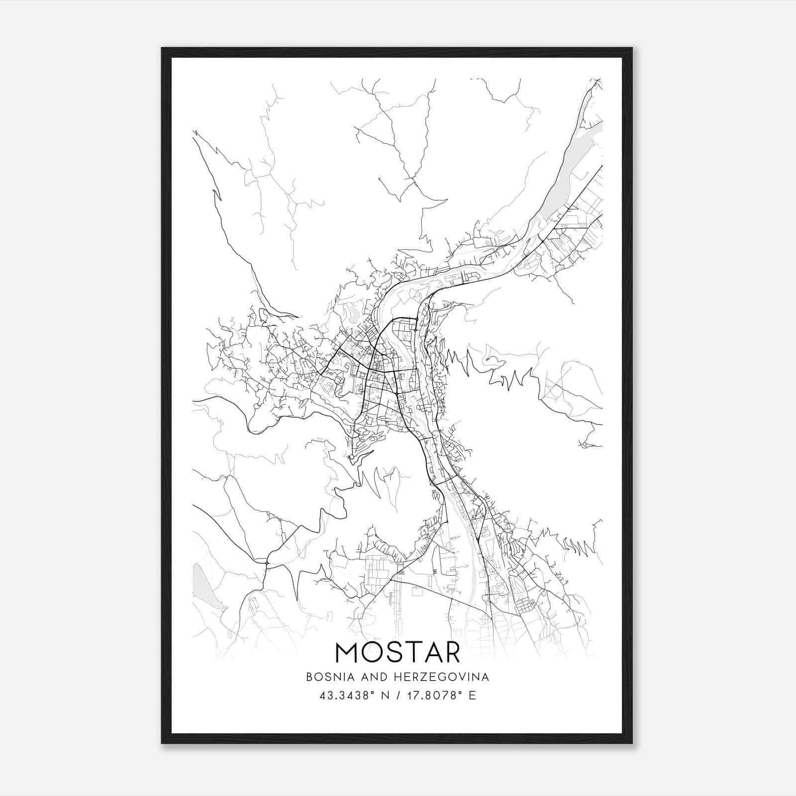 Mostar Bosnia And Herzegovina Map Poster, Mostar City Road Wall Art Print