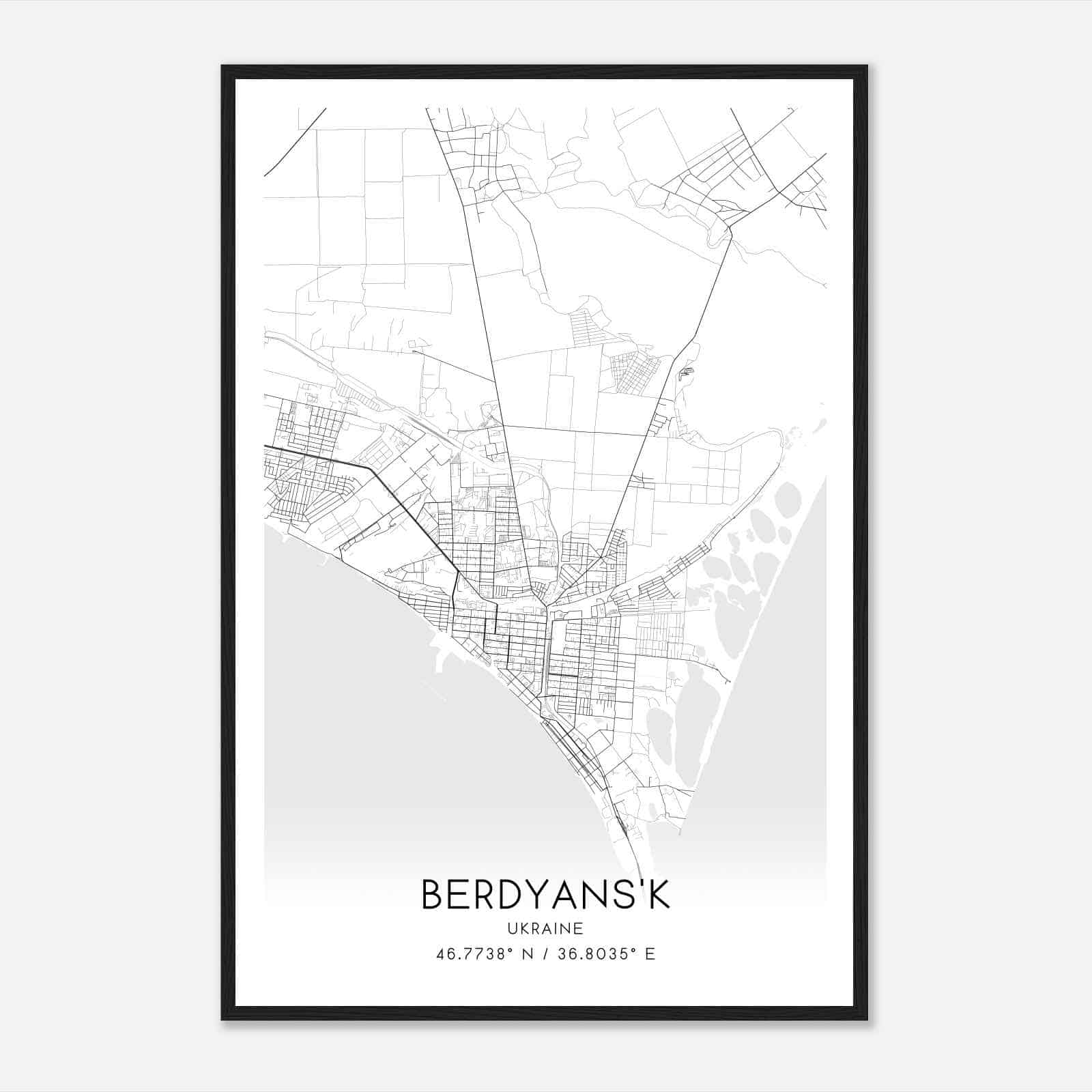 Berdyansk Ukraine Map Poster, Berdyansk City Road Wall Art Print