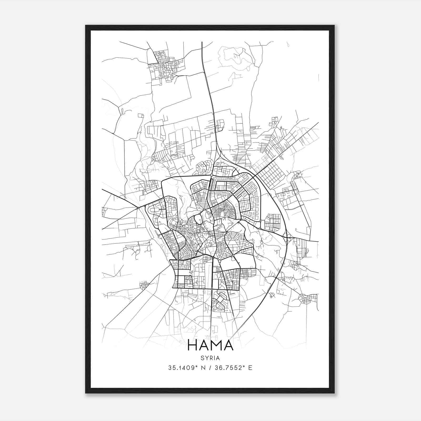 Hama Syria Map Poster, Hama City Road Wall Art Print