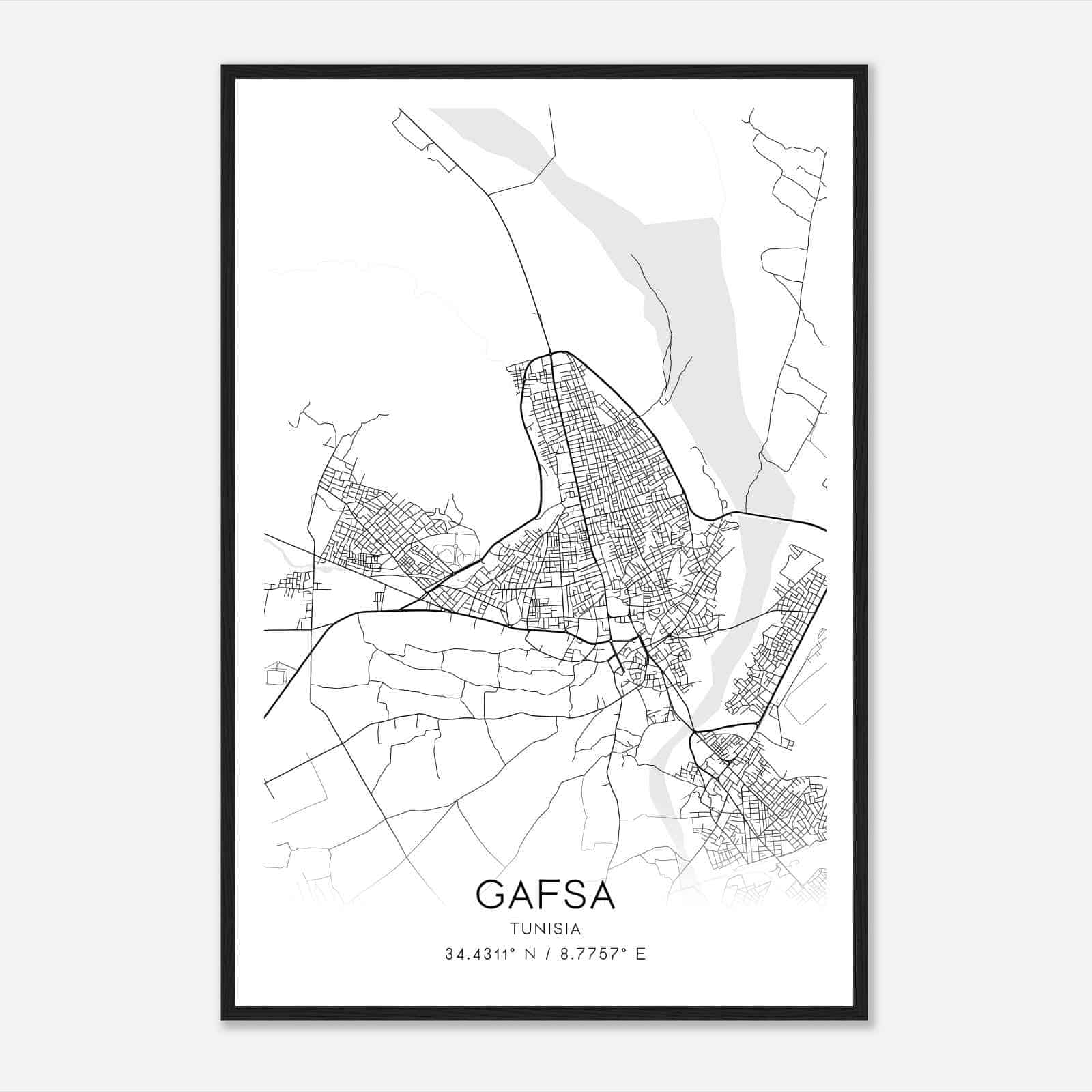 Gafsa Tunisia Map Poster, Gafsa City Road Wall Art Print