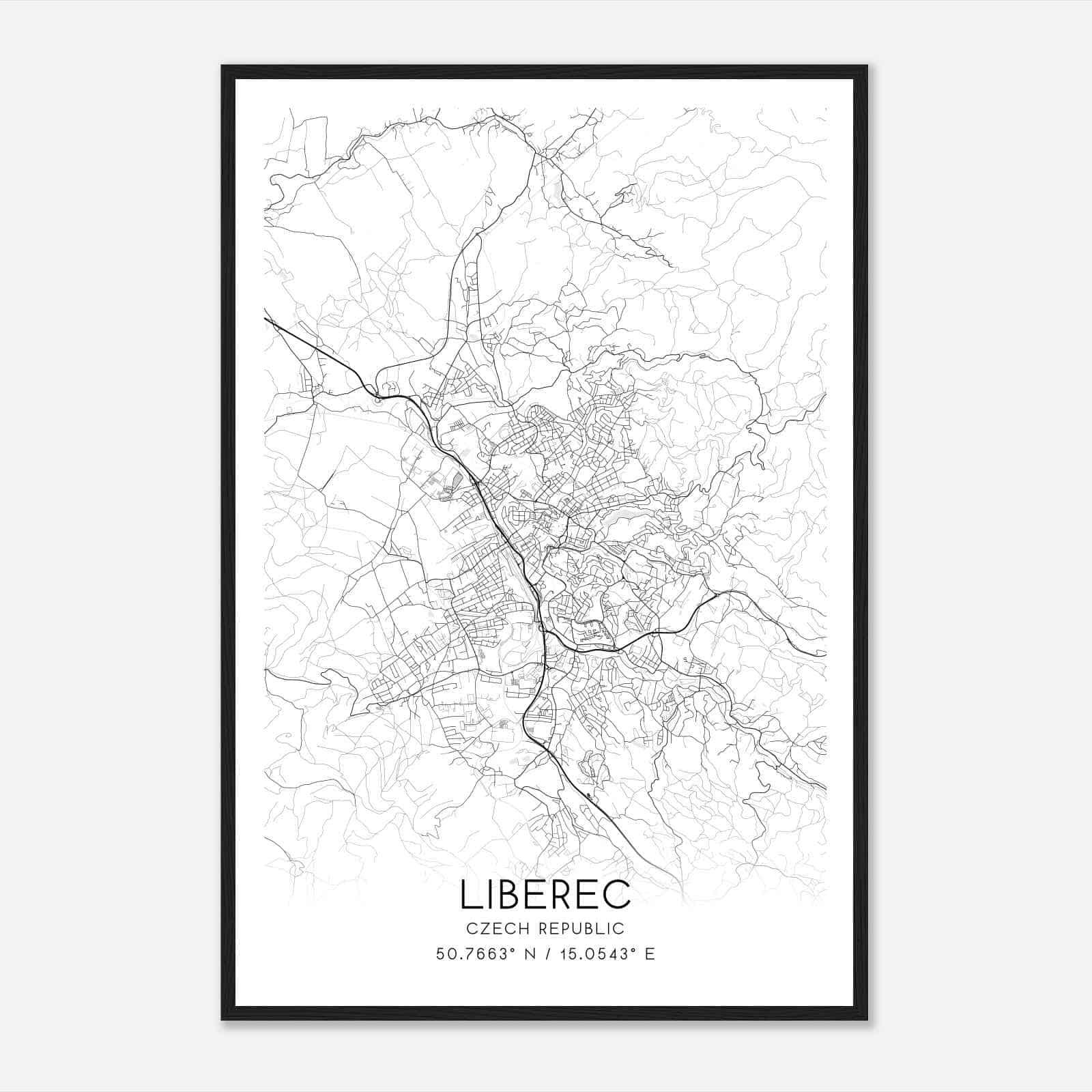 Liberec Czech Republic Map Poster, Liberec City Road Wall Art Print