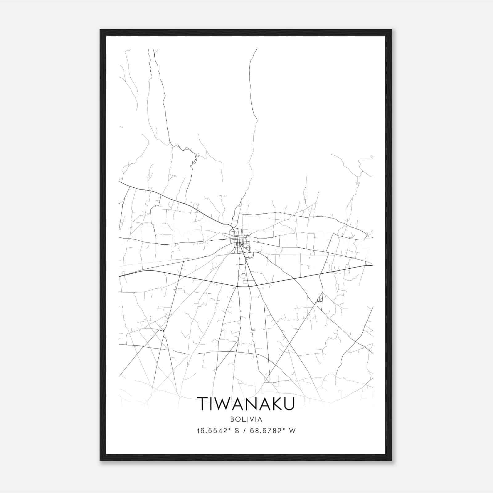 Tiwanaku Bolivia Map Poster, Tiwanaku City Road Wall Art Print